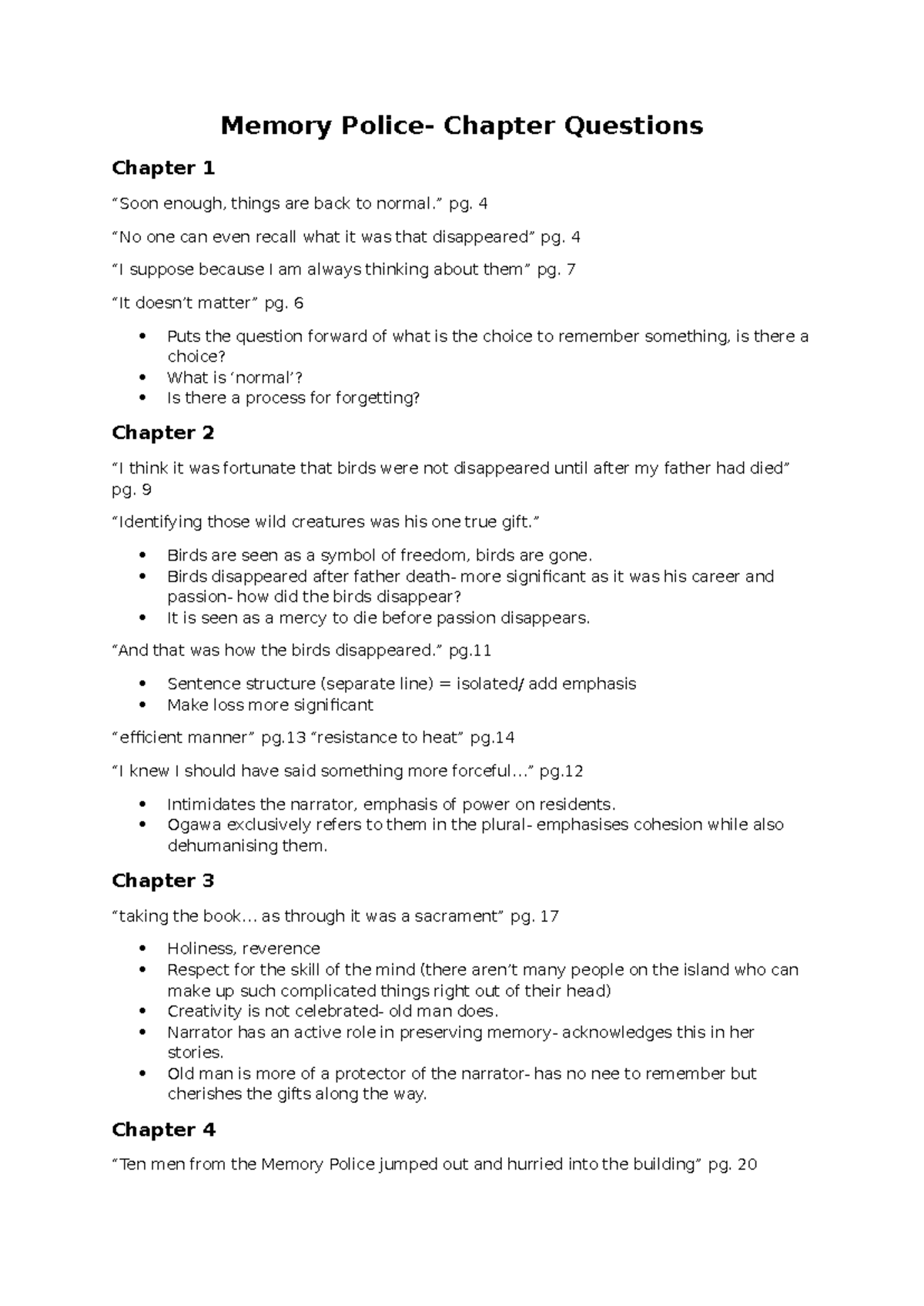 Memory Police Chapter Questions: Insights from Chapters 1-4 - Studocu