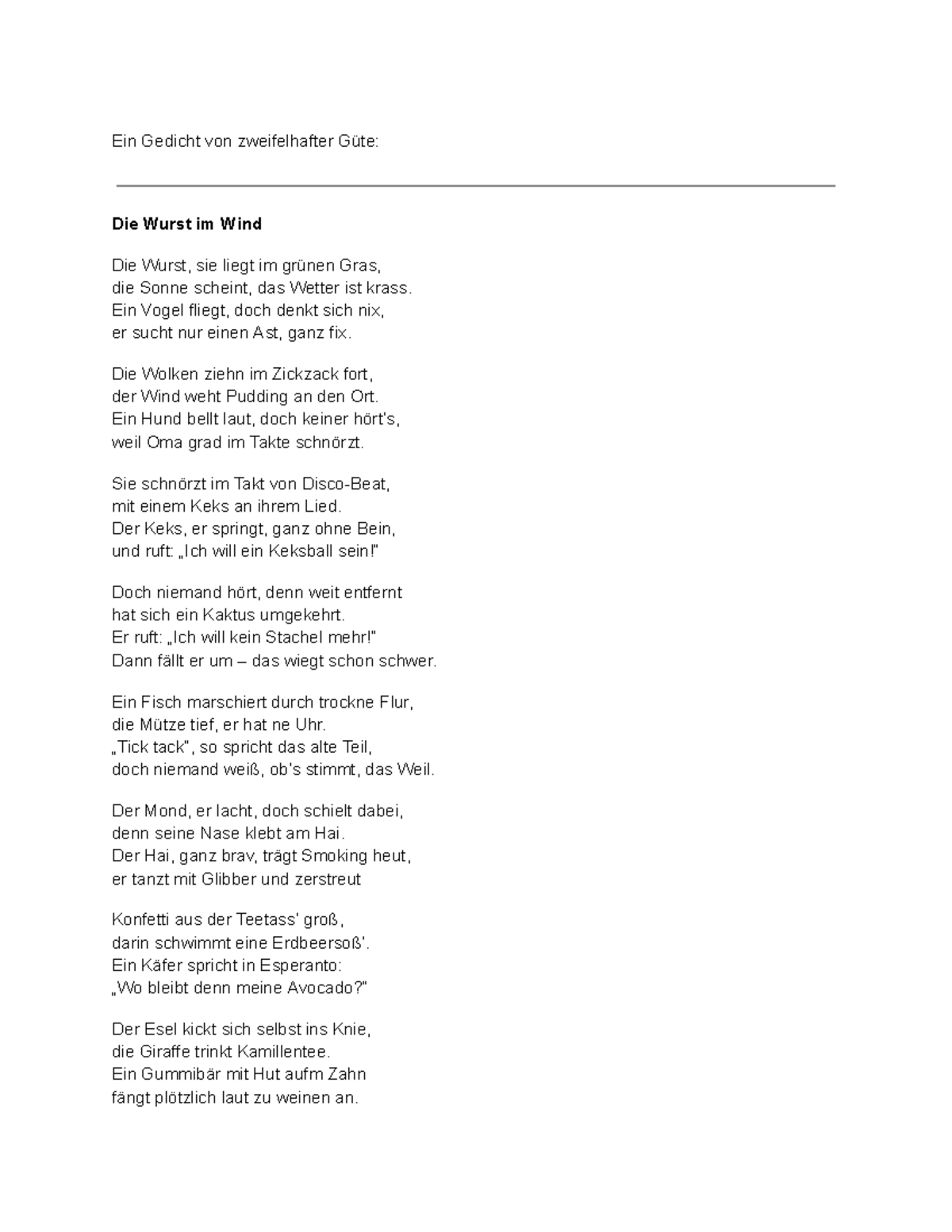Gedicht zweifelhafter Gte: Die Wurst im Wind - Analyse und Interpretation  - Studocu