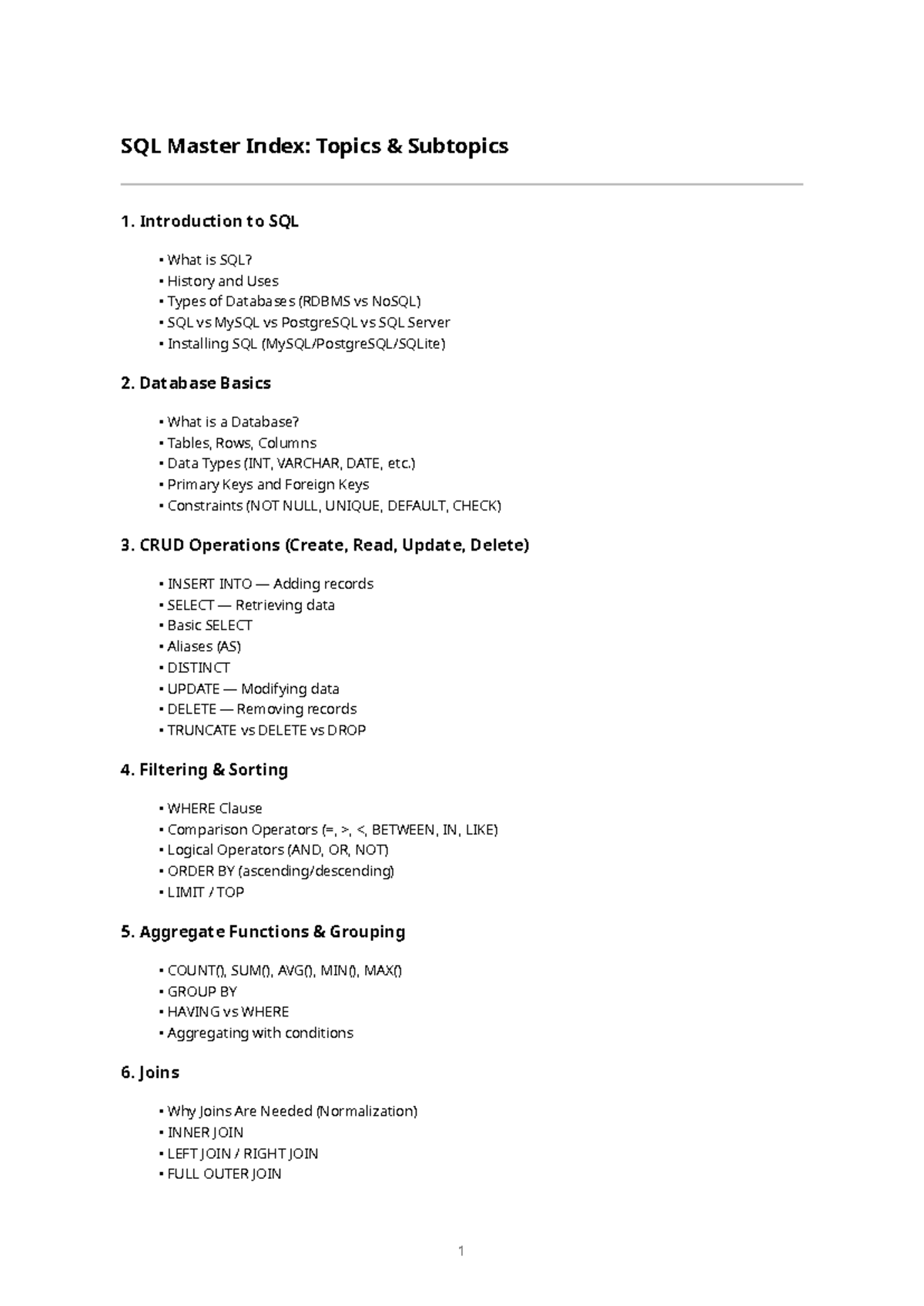 SQL Learning Track: Comprehensive SQL Topics Index - Studocu