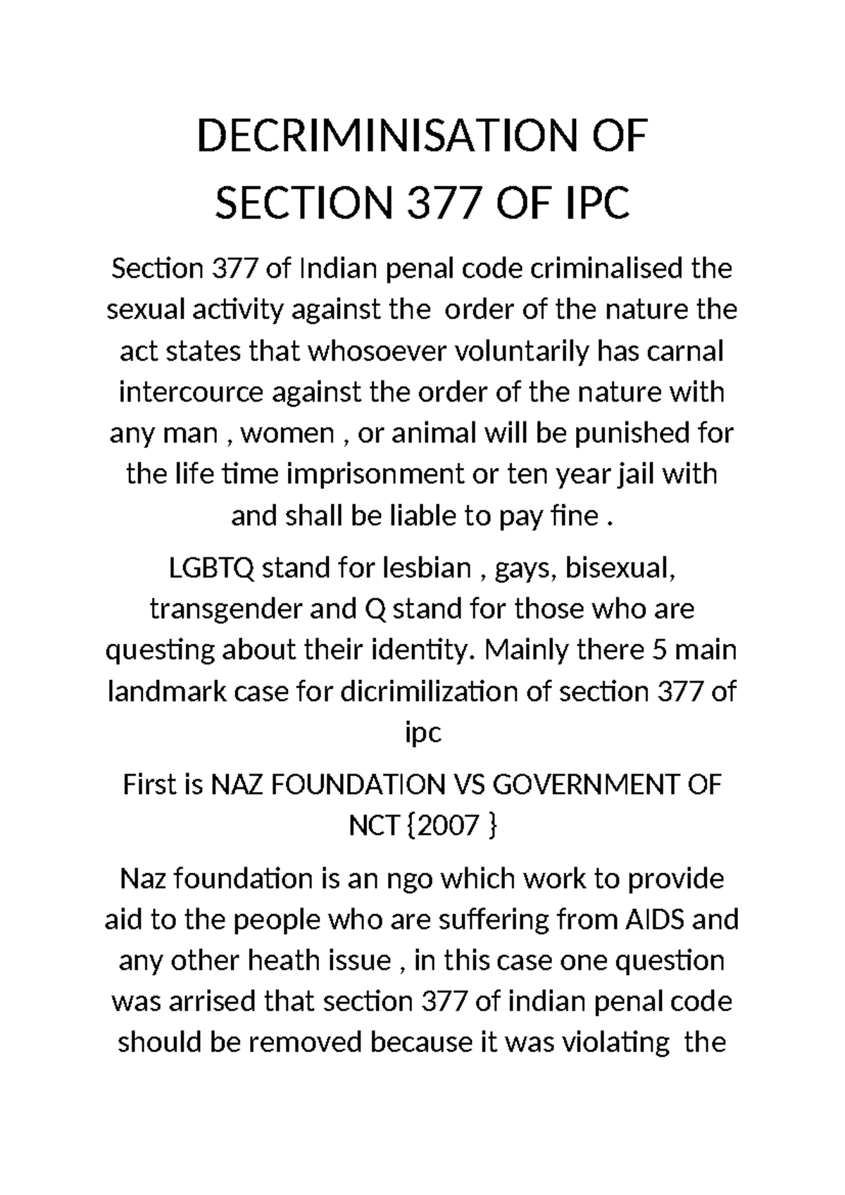 Decriminisation OF Section 377 OF IPC - DECRIMINISATION OF SECTION 377 ...