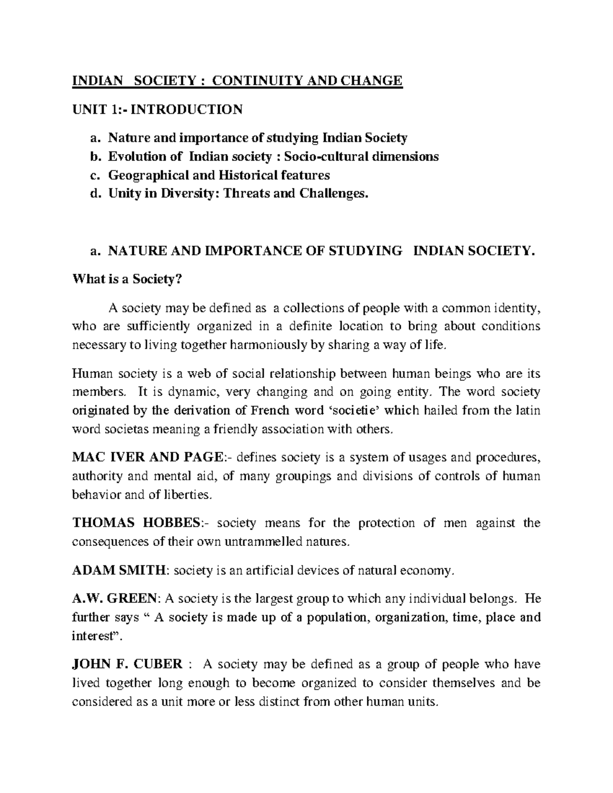 Sociology Unit 1: Indian Society - Continuity and Change (3rd Sem) - Document Preview