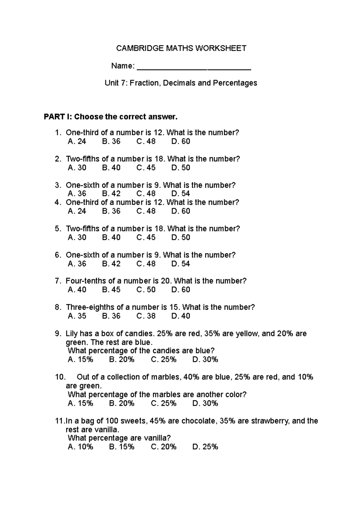 CAMBRIDGE MATH 5: Unit 7 Worksheet on Fractions, Decimals & Percentages ...