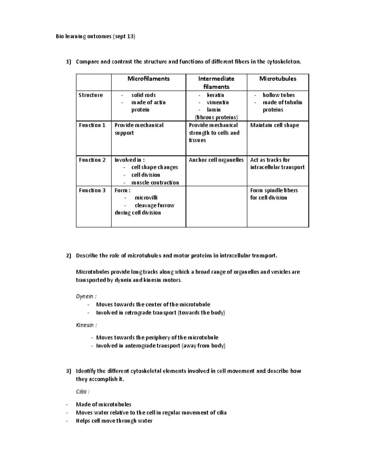 Bio LC Sept 13 - Cytoskeleton Structure & Function Learning Outcomes ...