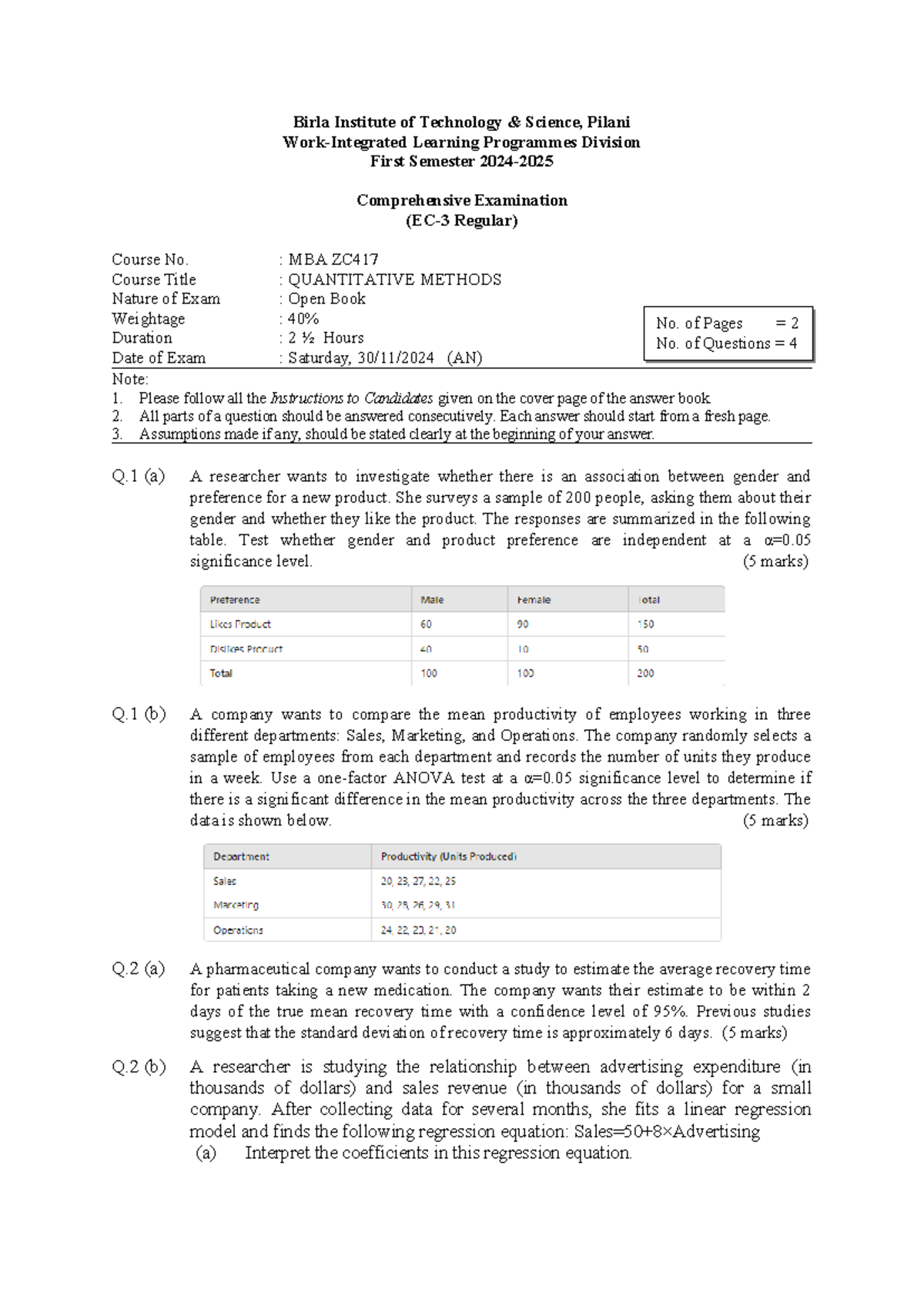 MBA ZC417 First Semester Comprehensive Exam: Quantitative Methods 2024 ...