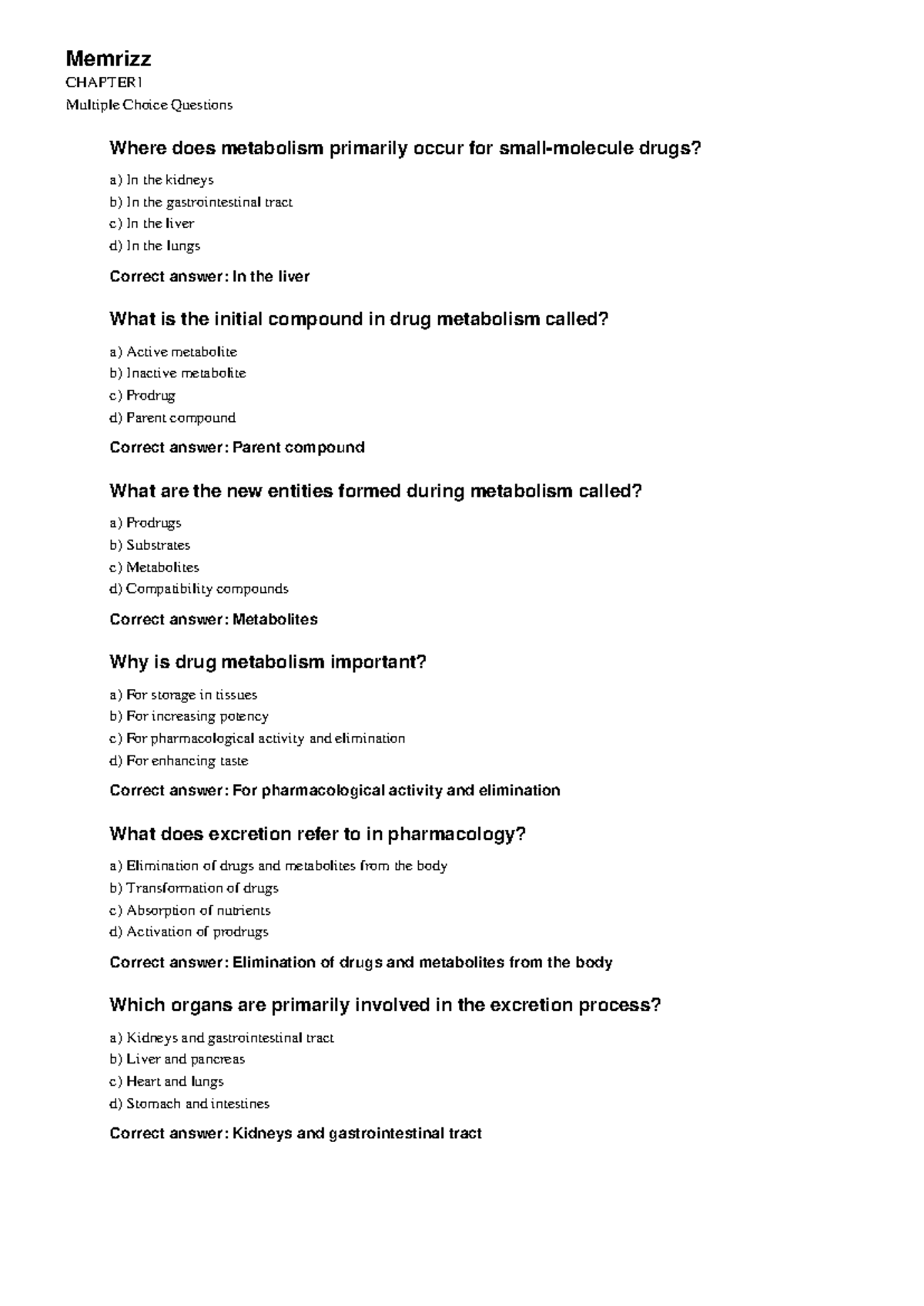 Memrizz PHAR 101 Chapter 1 MCQ Study Guide for Drug Metabolism - Studocu