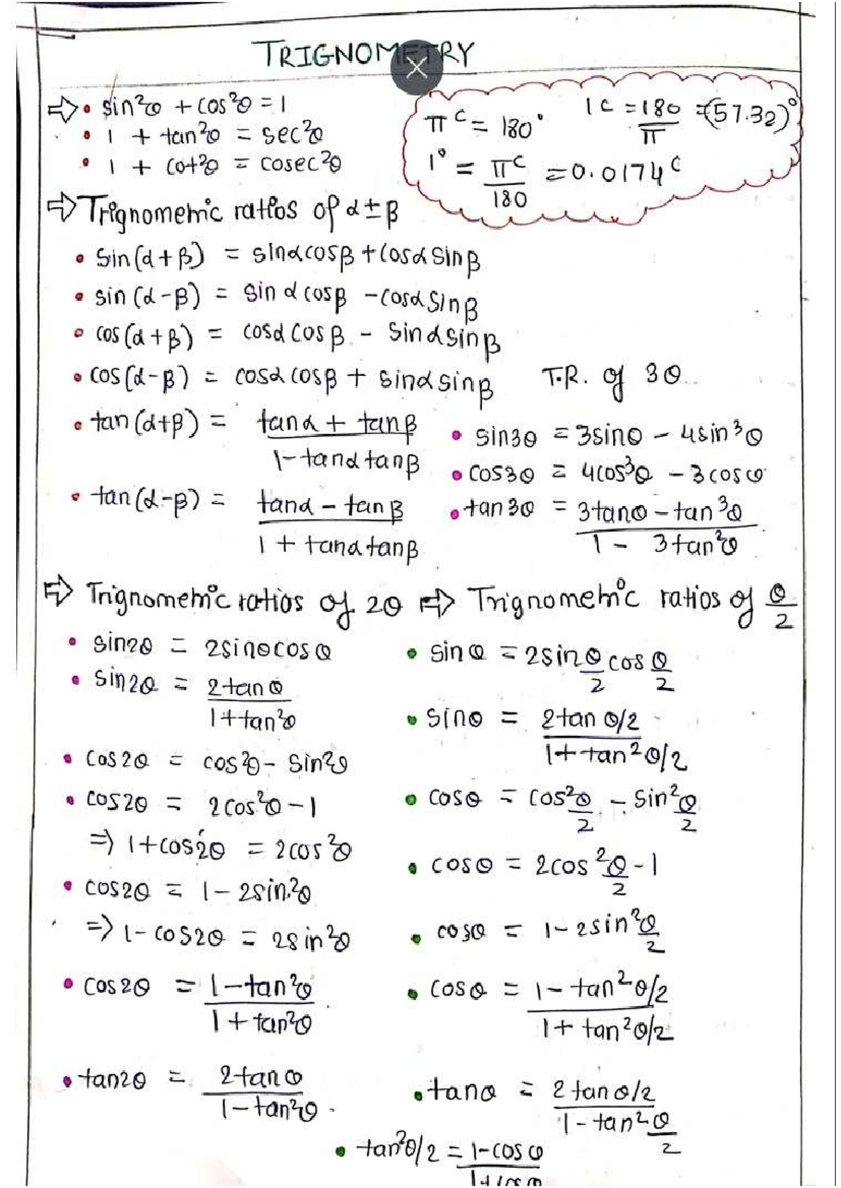 Trigonometry Short Notes for Course TRIGNOM X - Studocu