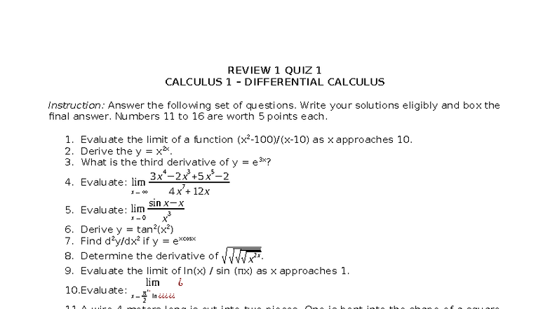 Review 1 Quiz 1 Calculus 1 Differential Calculus Practice Test Studocu