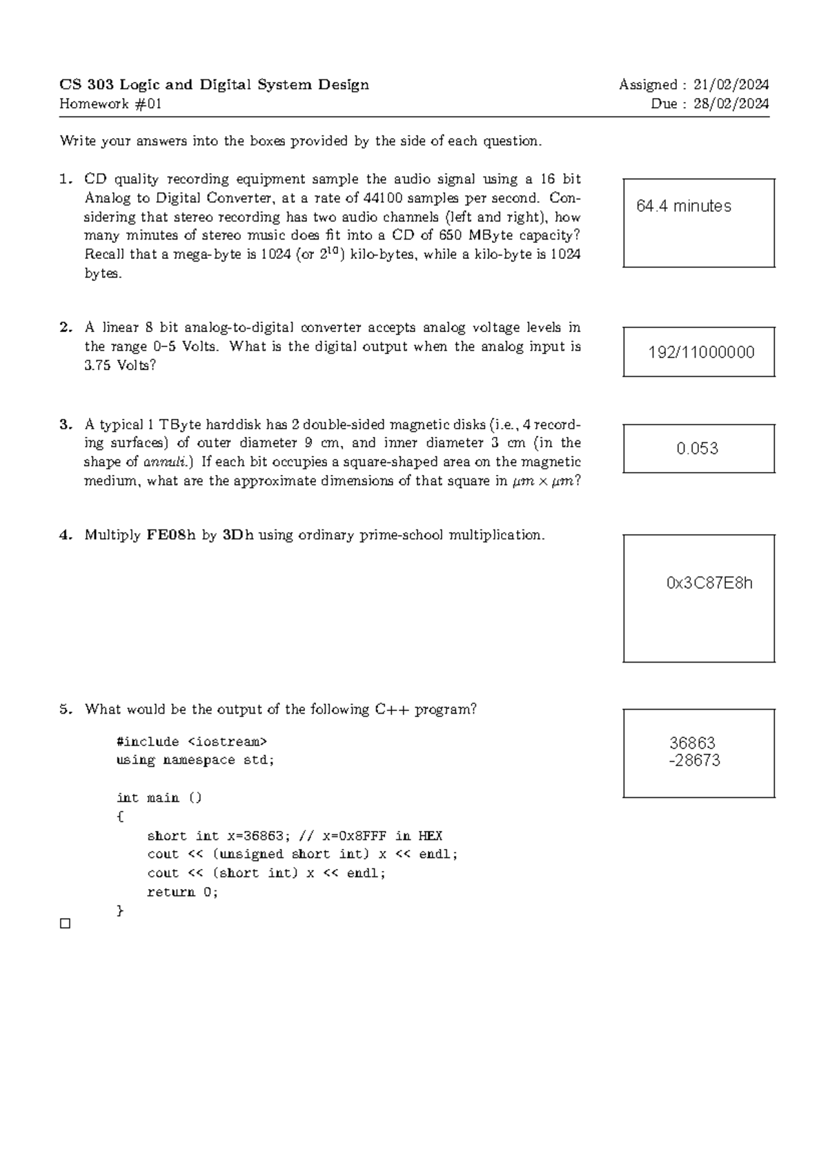 CS 303 Homework #01 Solutions - Logic & Digital System Design - Studocu