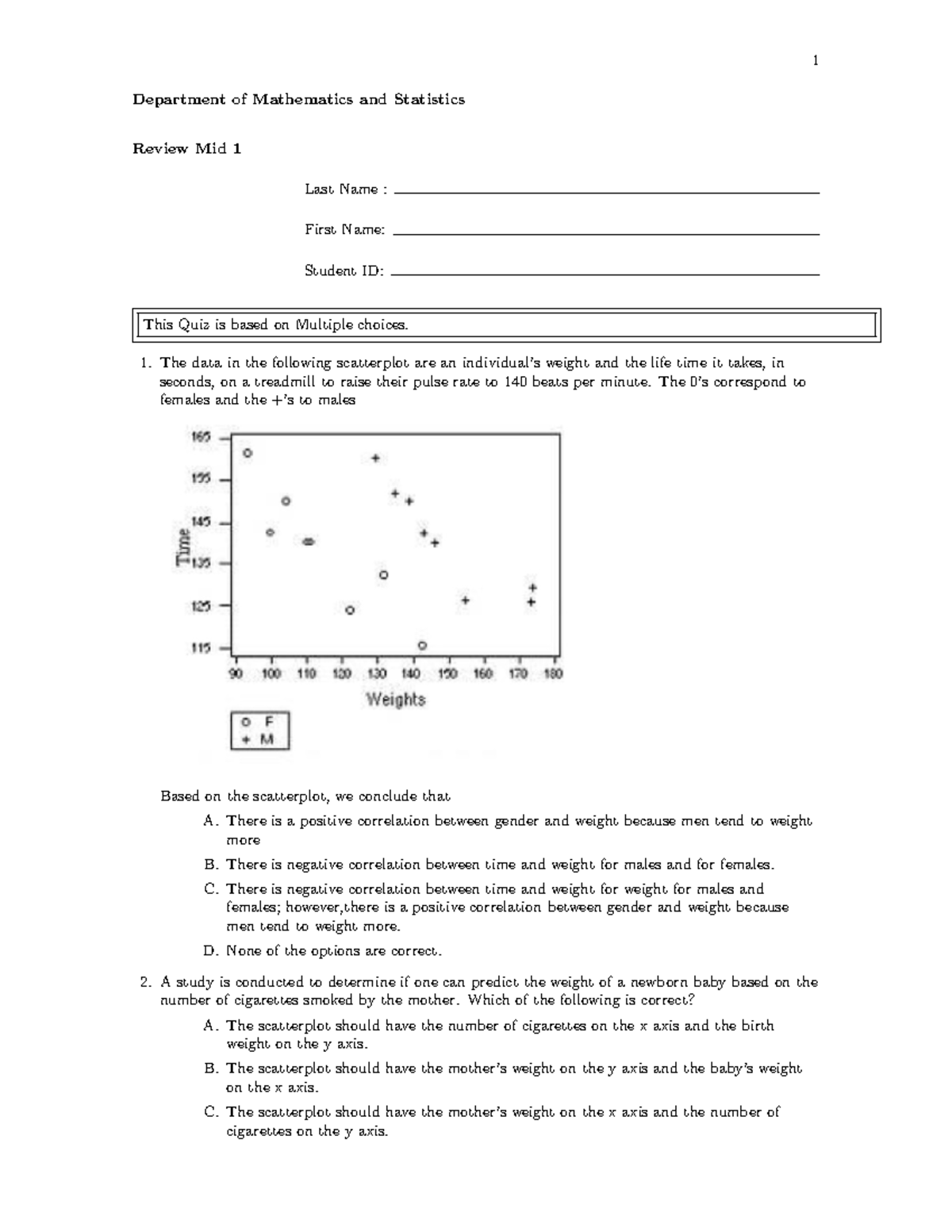 MATH 101 Midterm Review: Quiz on Statistics Concepts and Data Analysis ...