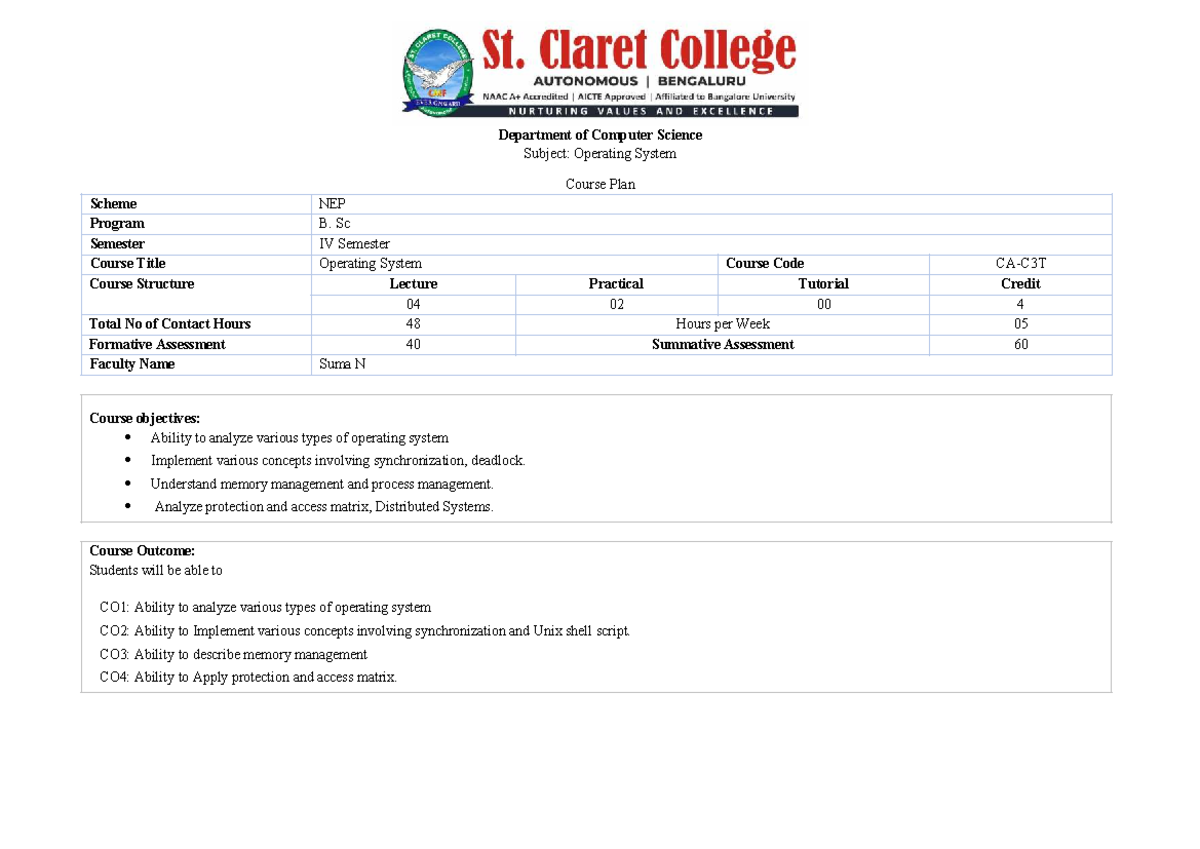 B. Sc IV Sem NEP Operating System Course Plan & Structure - Studocu