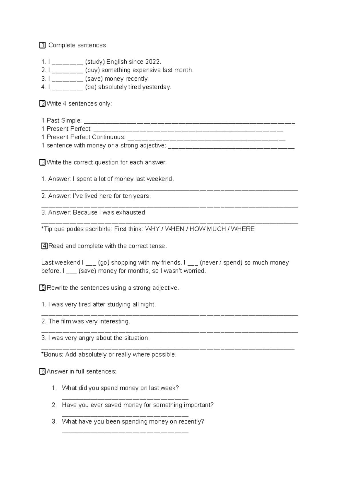 English Level 1: Complete Sentences and Tenses Practice - Studocu