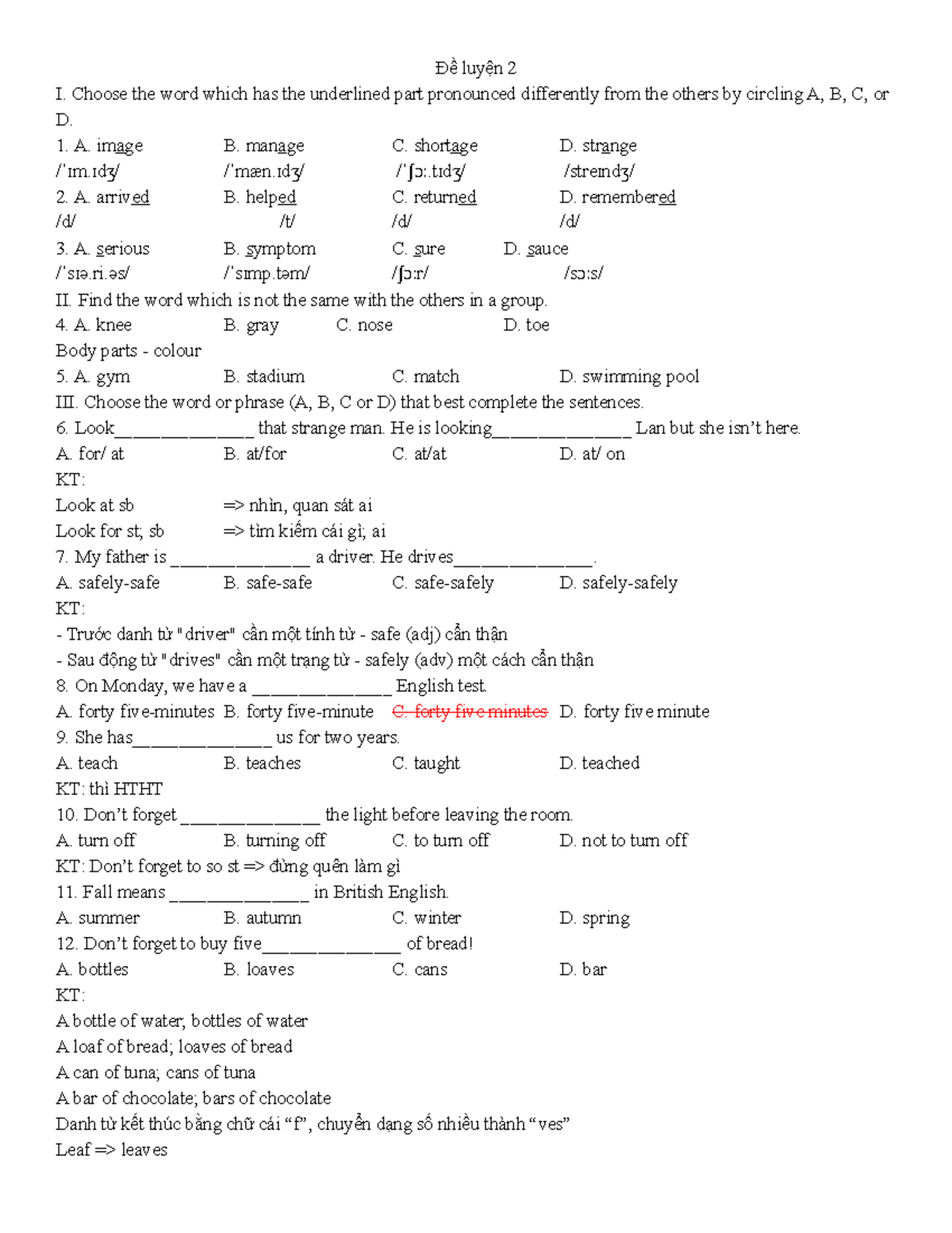 Đề luyện 2: Grade 7 Unit 2 English Practice - Studocu