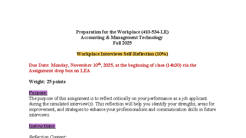 Workplace Interviews Self-Reflection (AMT 3rd Year) F2025 - Studocu
