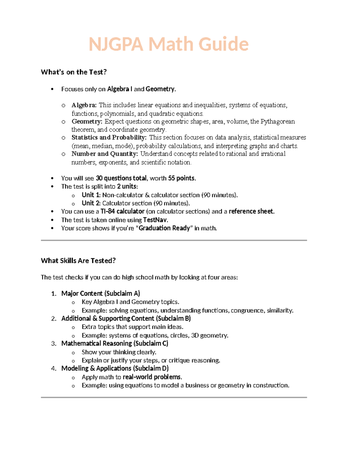 NJGPA Math Guide: Algebra I & Geometry Test Overview - Studocu
