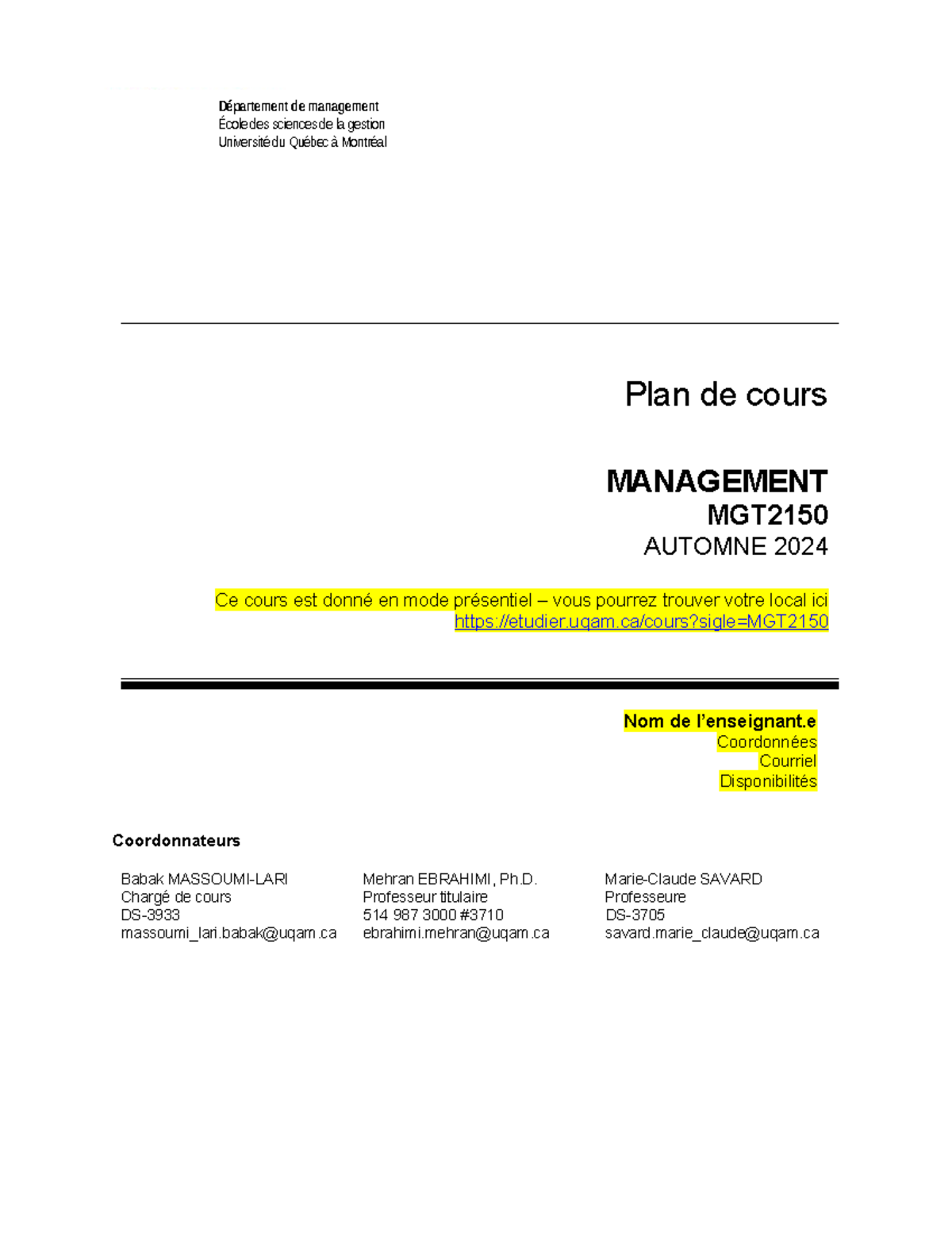 MGT2150 - Plan de Cours Management Automne 2024 - Présentiel - Studocu