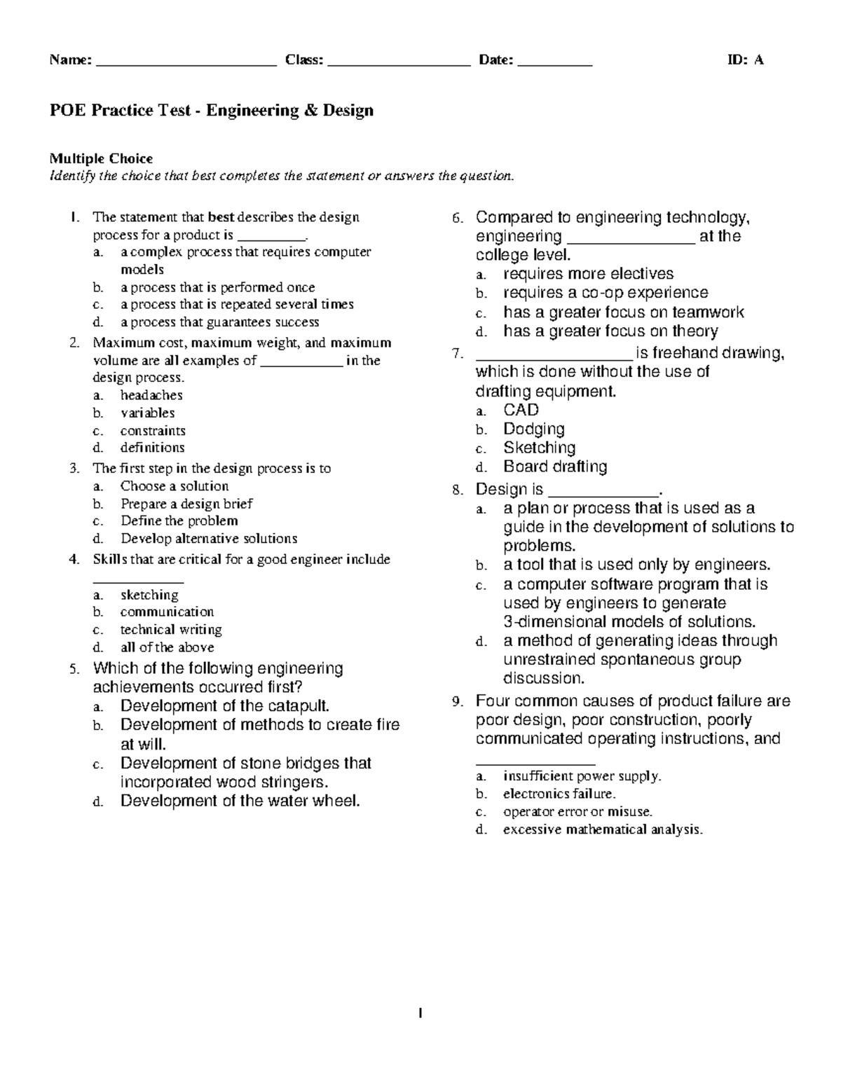 POE Practice Test: Engineering Design MCQs - Studocu
