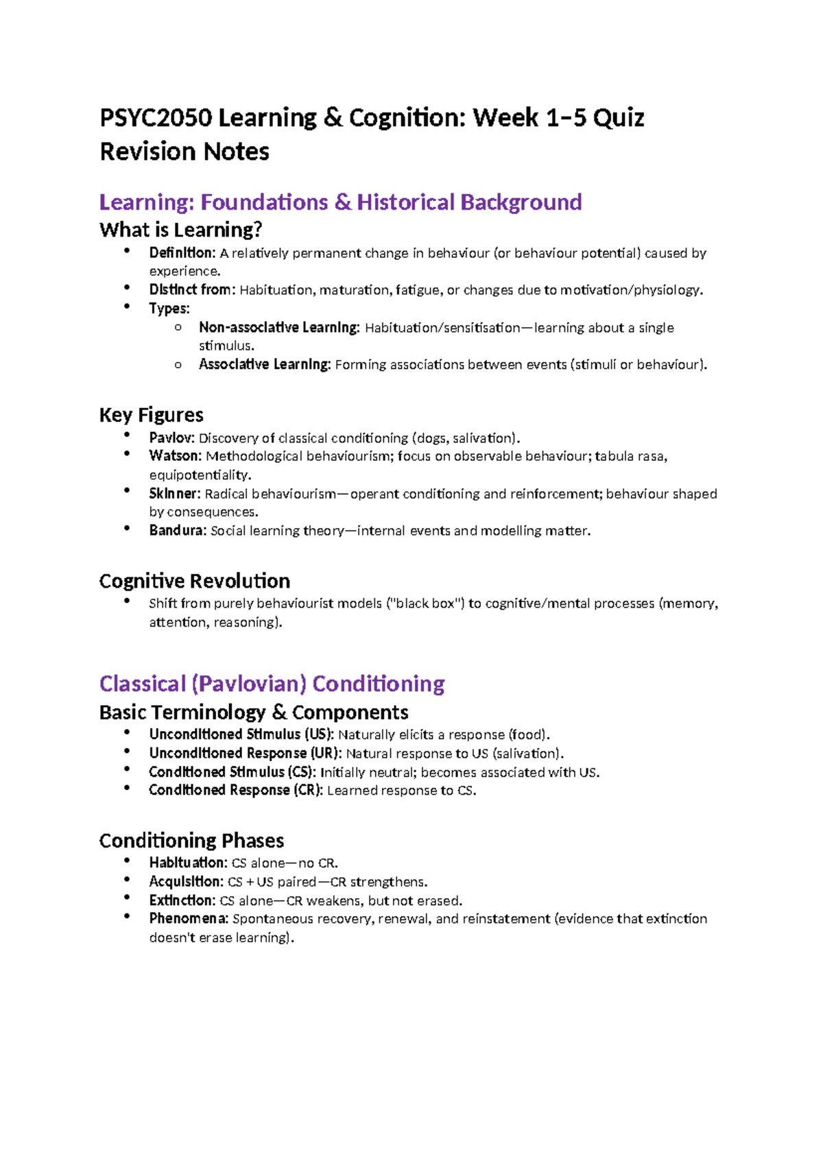 PSYC2050 Learning Cognition: Week Quiz Revision Notes - Studocu