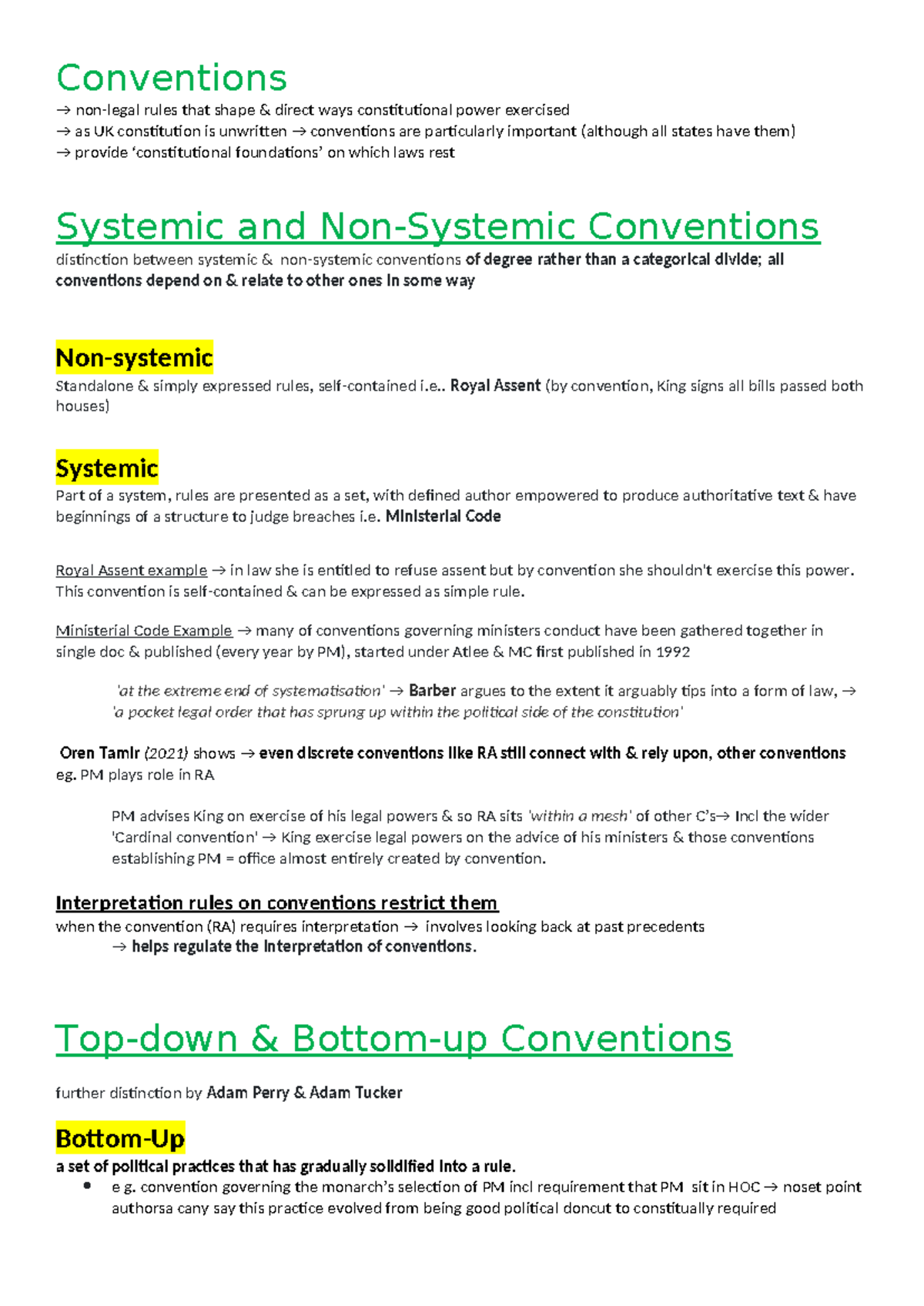 Conventions notes - Conventions → non-legal rules that shape & direct ...