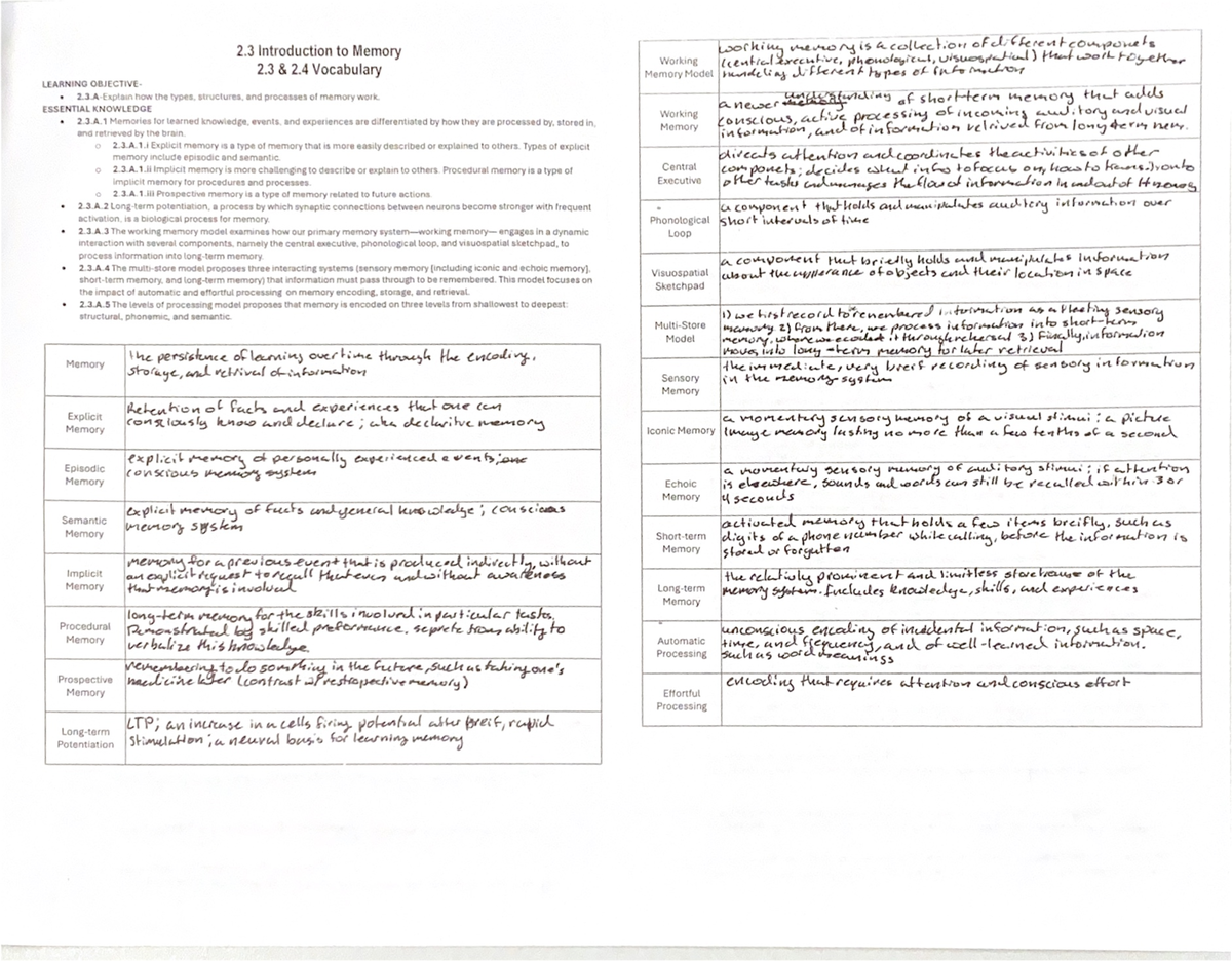 Unit 2.2 and 2.3 Ap Psych Vocab definitions - 2 Introduction to Memory ...