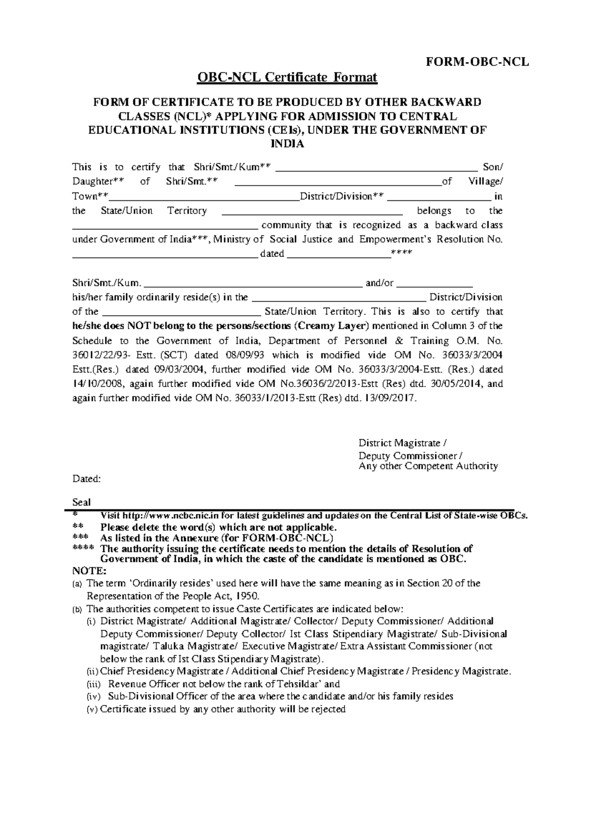 Certificate Format for OBC Admission to CEIs - Government of India ...