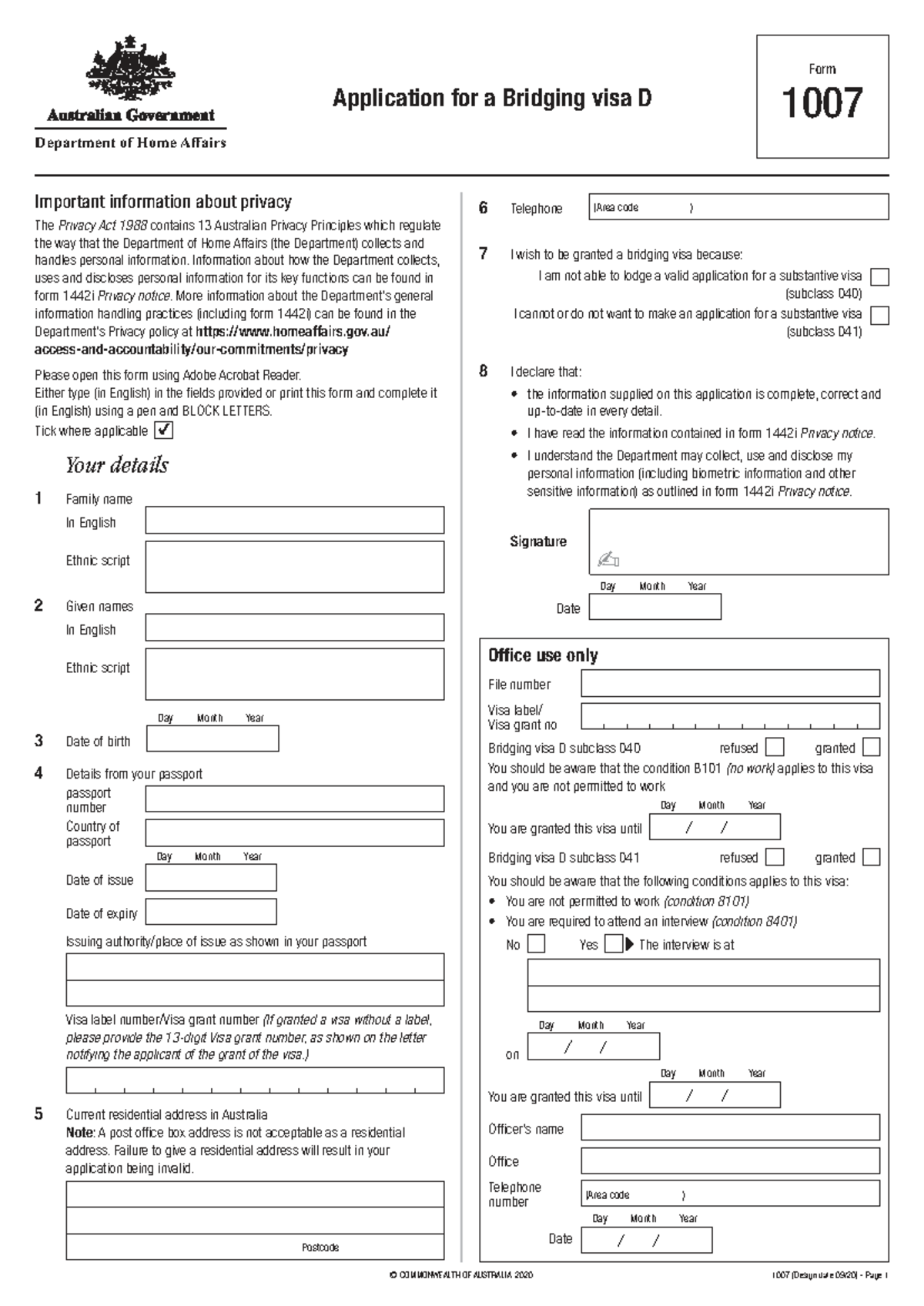 Bridging Visa D Application Form 1007 - Important Privacy Info - Studocu
