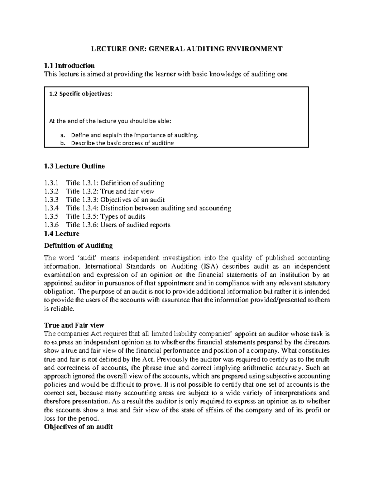 Lesson one: Introduction to the general auditing environment - Studocu