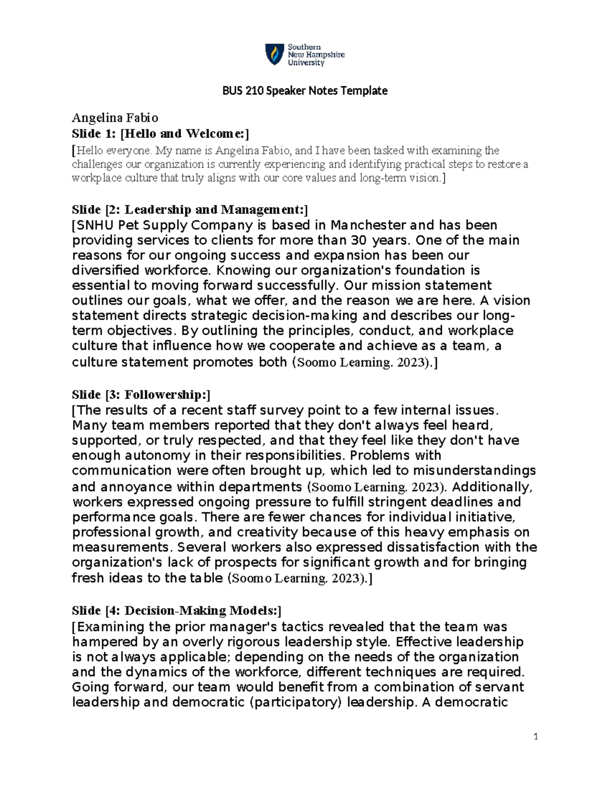 BUS 210 Speaker Notes: Enhancing Workplace Culture & Communication ...
