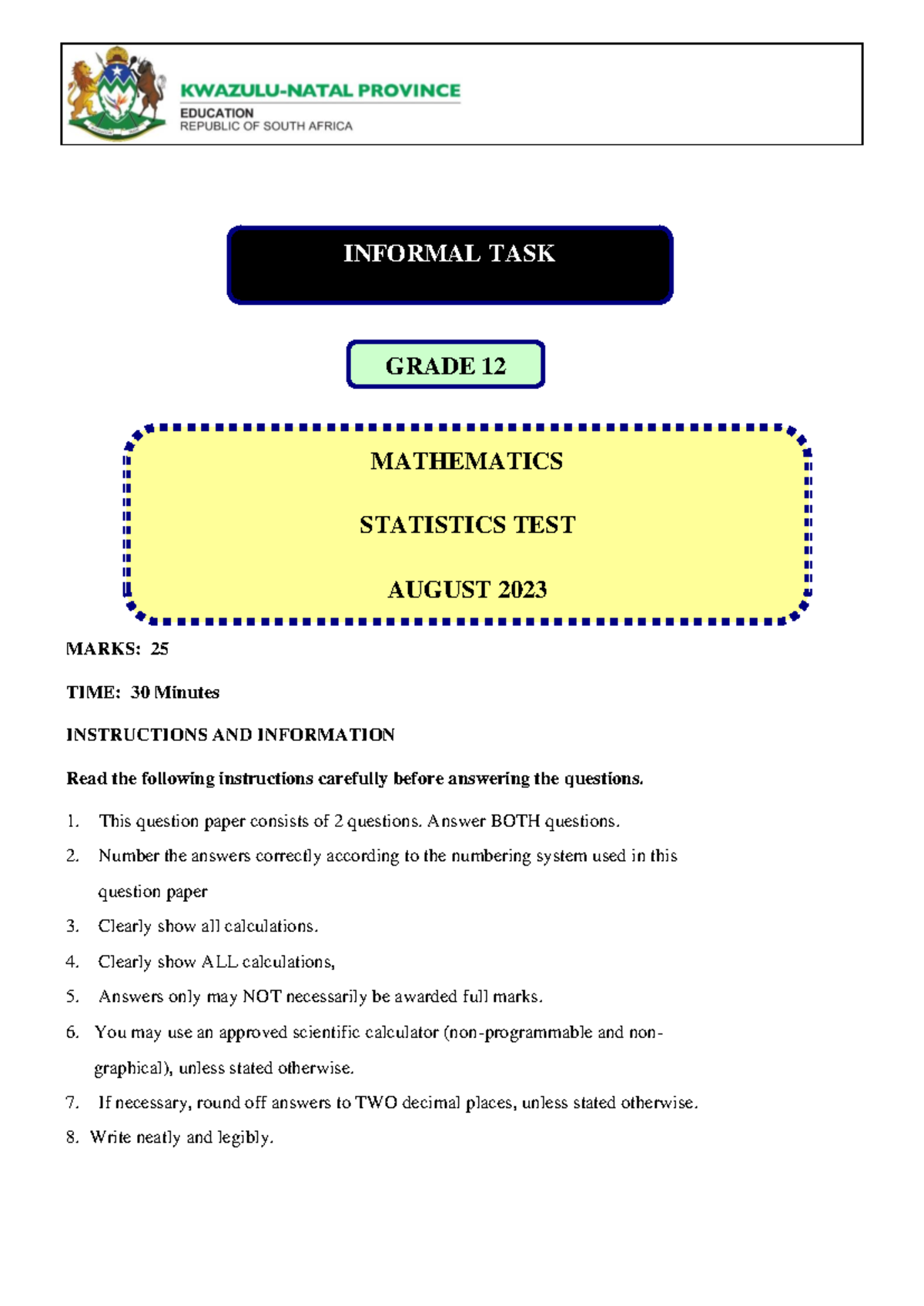 Grade 12 Statistics Test (Informal) - August 2023 - Studocu