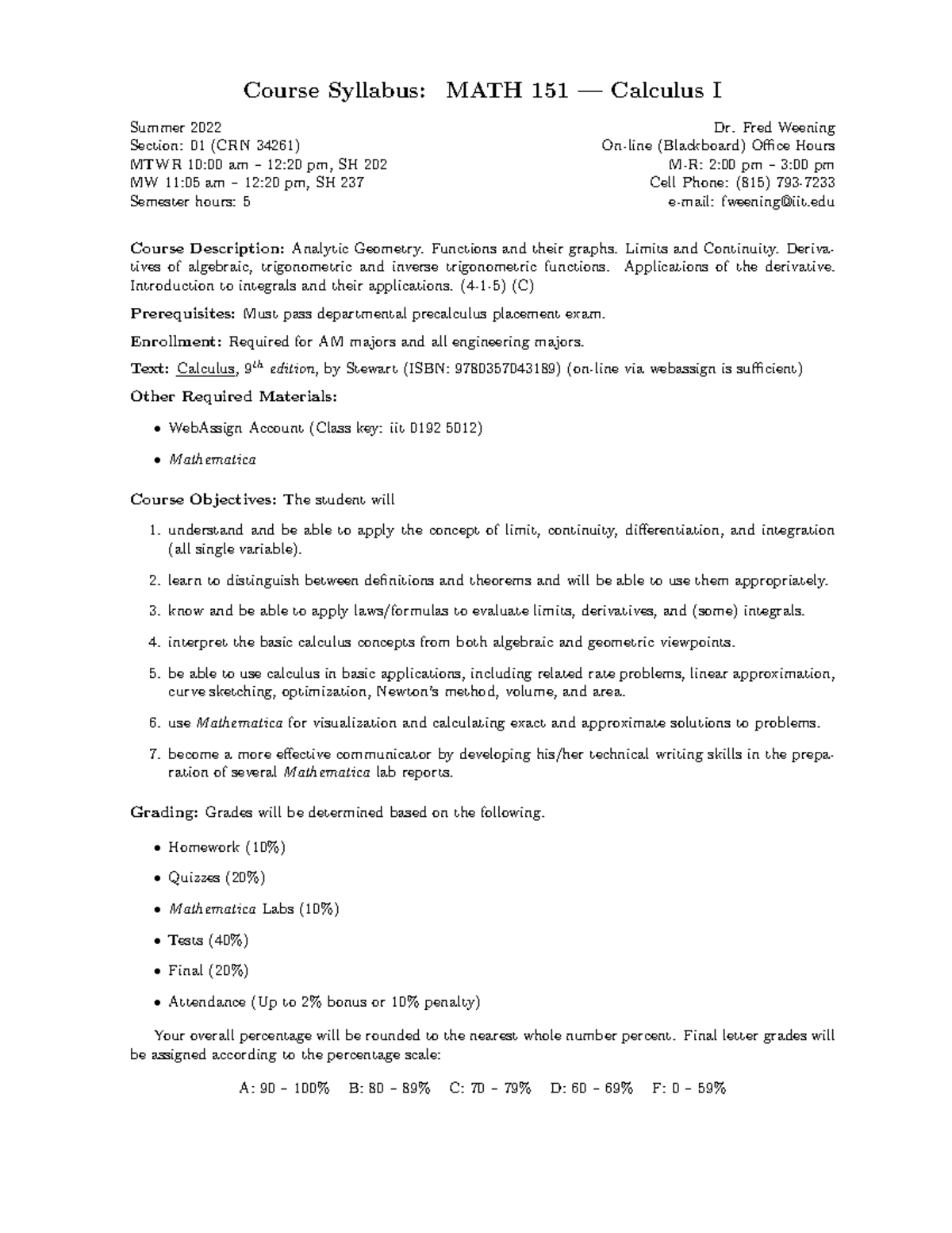 Syllabus - lecture notes - Course Syllabus: MATH 151 — Calculus I ...