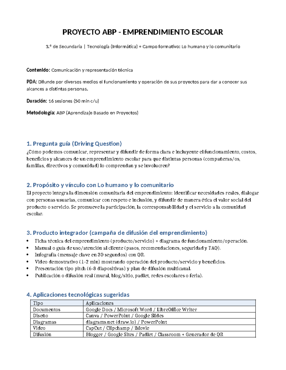 ABP Proyecto de Emprendimiento Escolar 3.º Secundaria Tecnología - Studocu