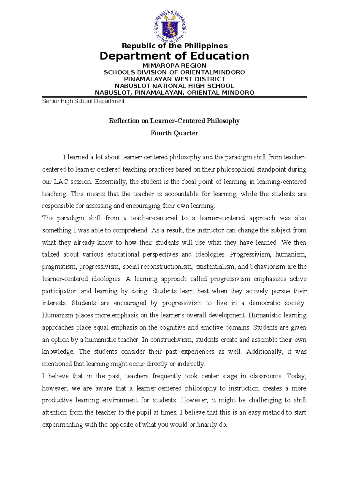Reflection 3 - Summary on Learner-Centered Philosophy in BSED Science ...