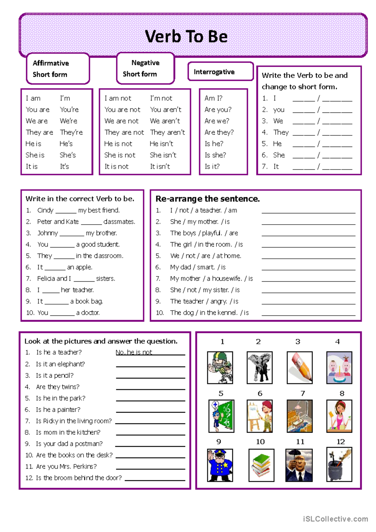 Verb To Be - Worksheet for Beginners (Affirmative & Negative Forms ...