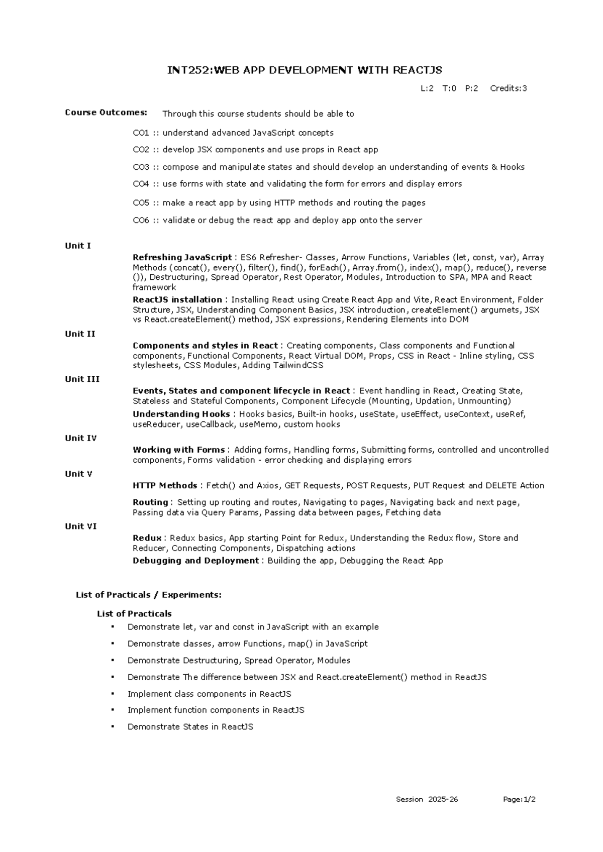 INT252: ReactJS Syllabus and Course Outcomes Overview - Studocu