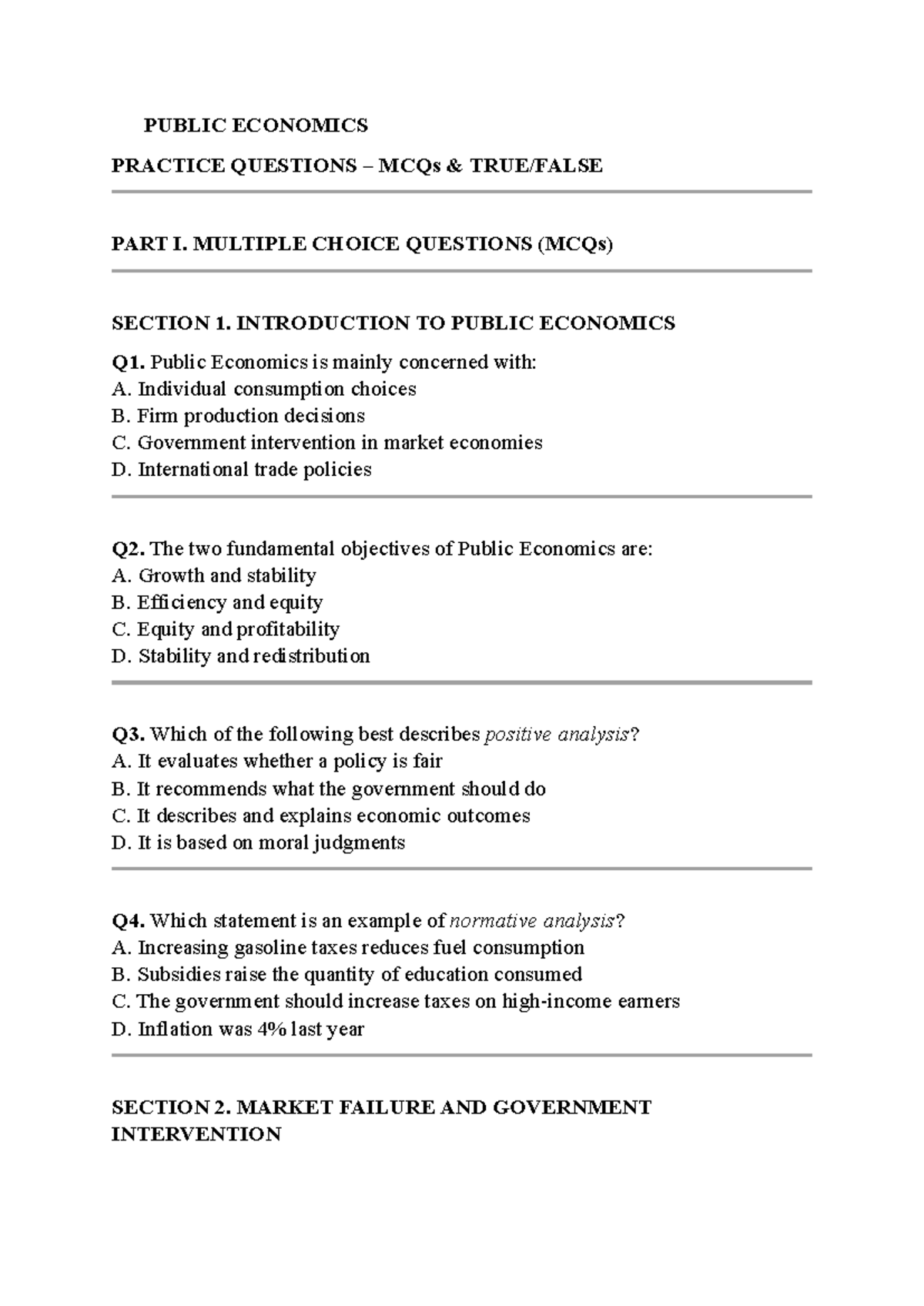 PUBLIC ECONOMICS PRACTICE QUESTIONS MCQs PART I & II - Studocu