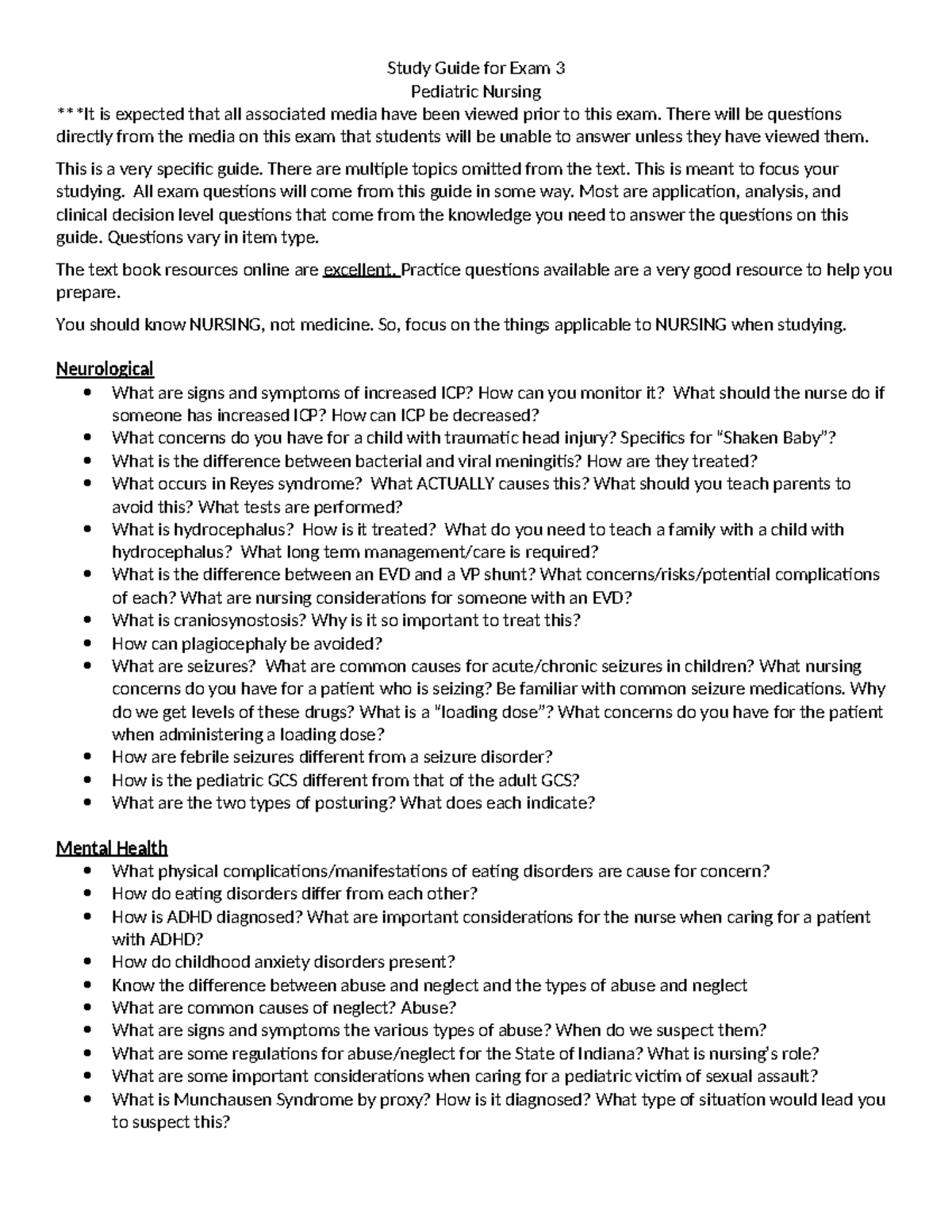 Pediatric Nursing Exam 3 Study Guide - Key Concepts and Strategies ...