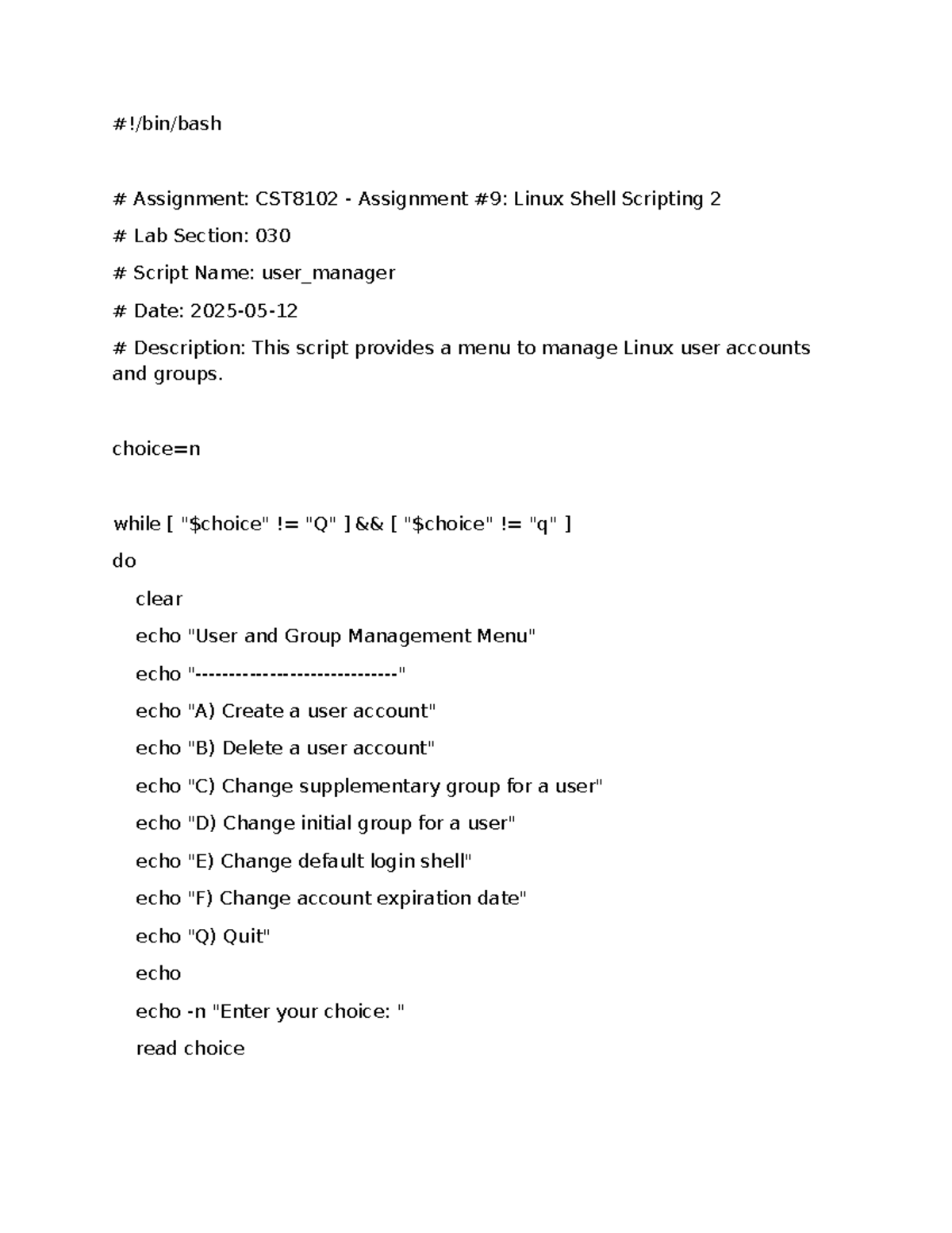 CST8102 Assignment 9: Linux User Manager Shell Script Lab 030 - Studocu