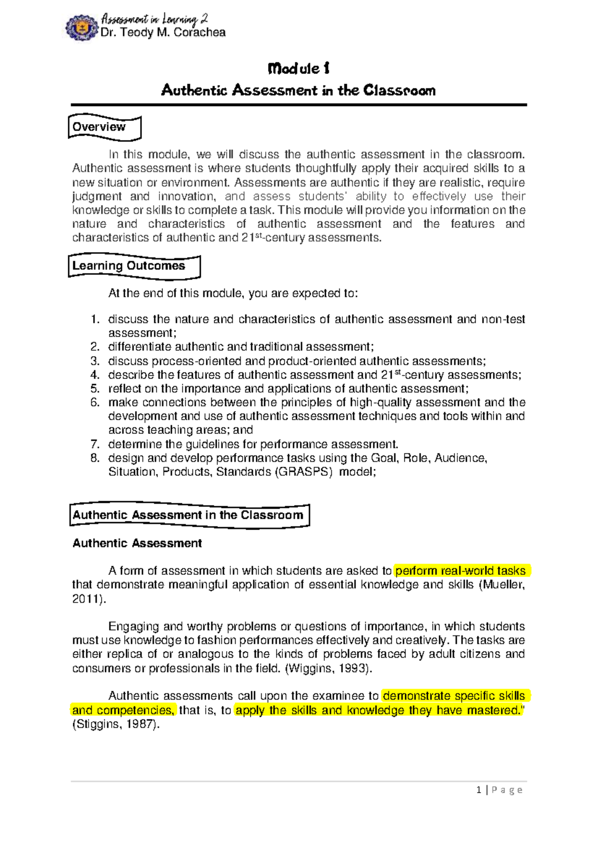 Module 1: Authentic Assessment in the Classroom Overview and Practices ...