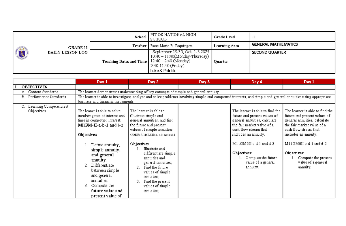 GRADE 11 GENERAL MATHEMATICS DAILY LESSON LOG: ANNUITIES (M11GM0II ...