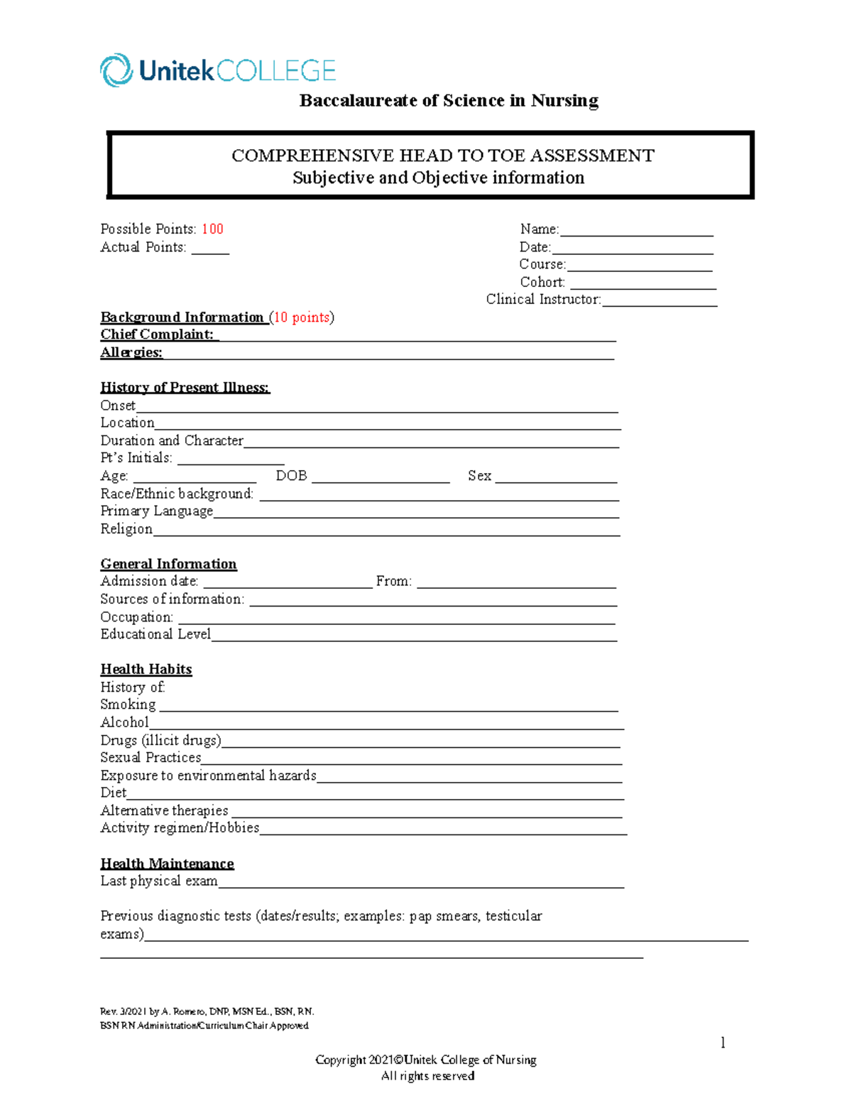 Comprehensive Physical Assessment Guide for Nursing (Course Code: NUR ...