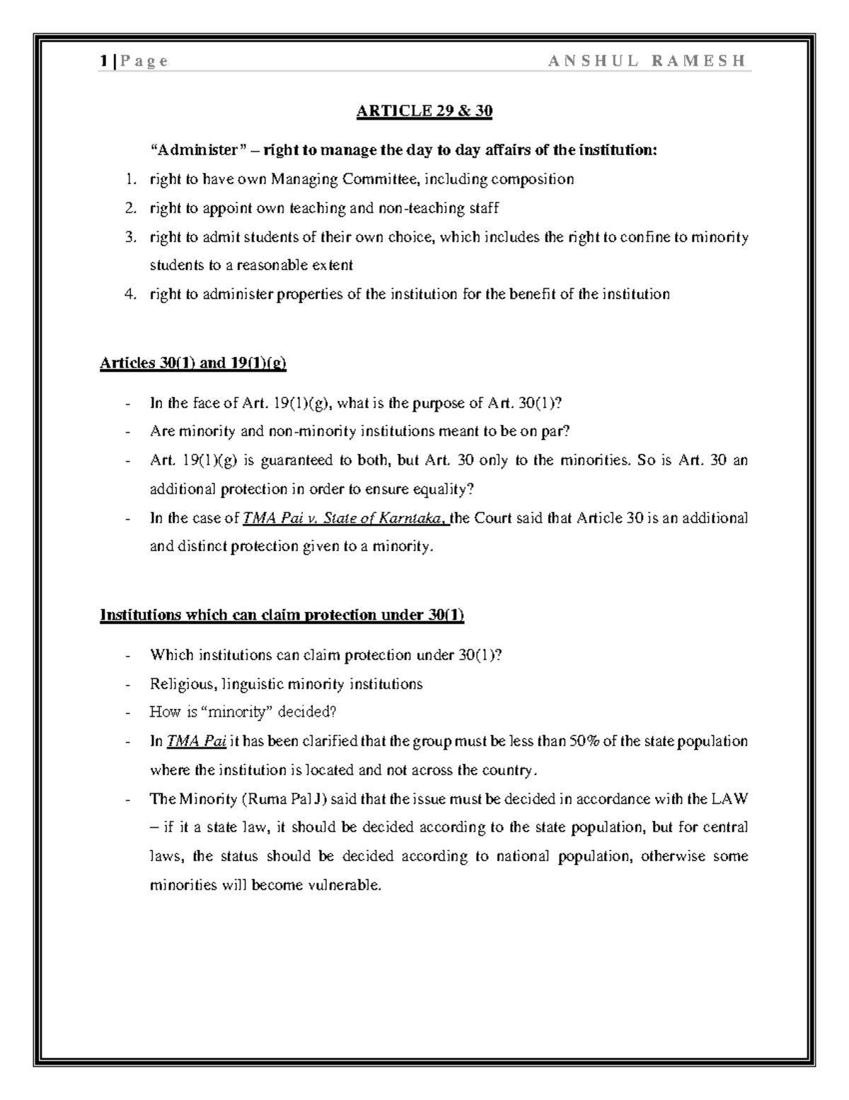 Article 29 & 30 - Comprehensive Notes on Minority Rights - Studocu