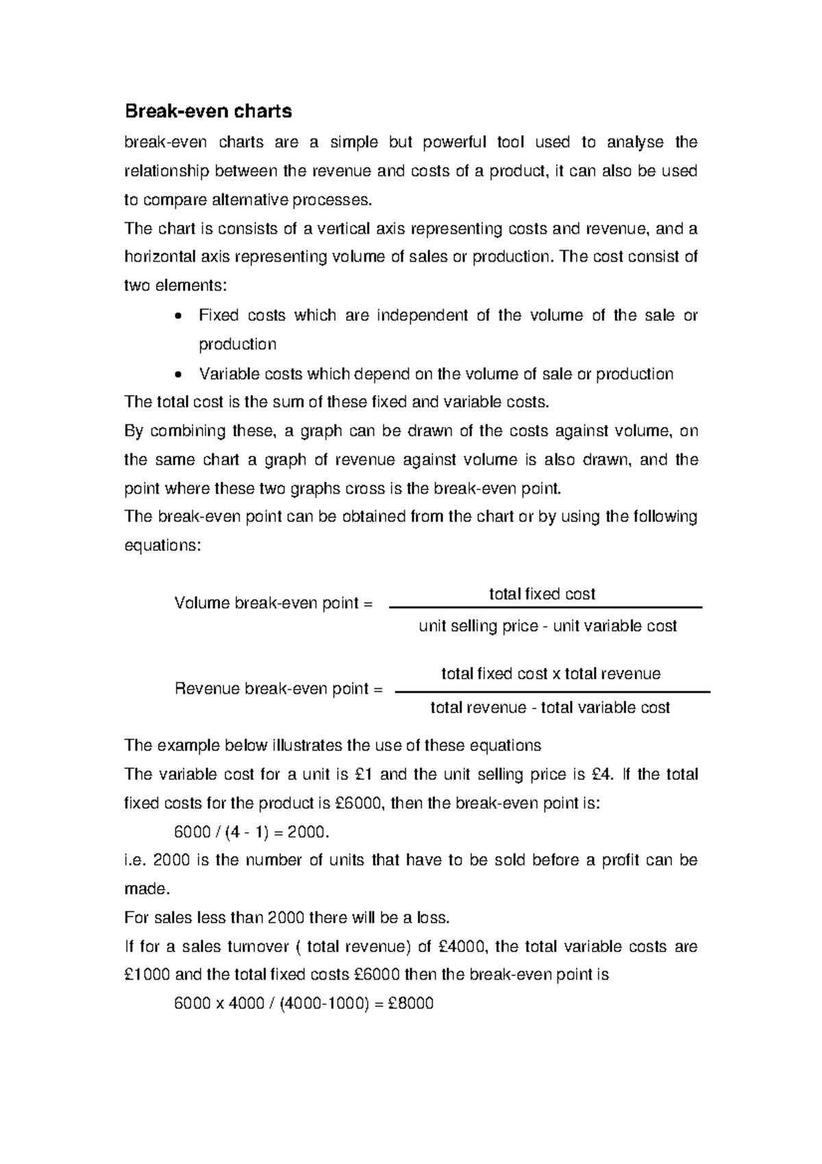 Break-even charts - Lecture notes 1 - Break-even charts break-even ...