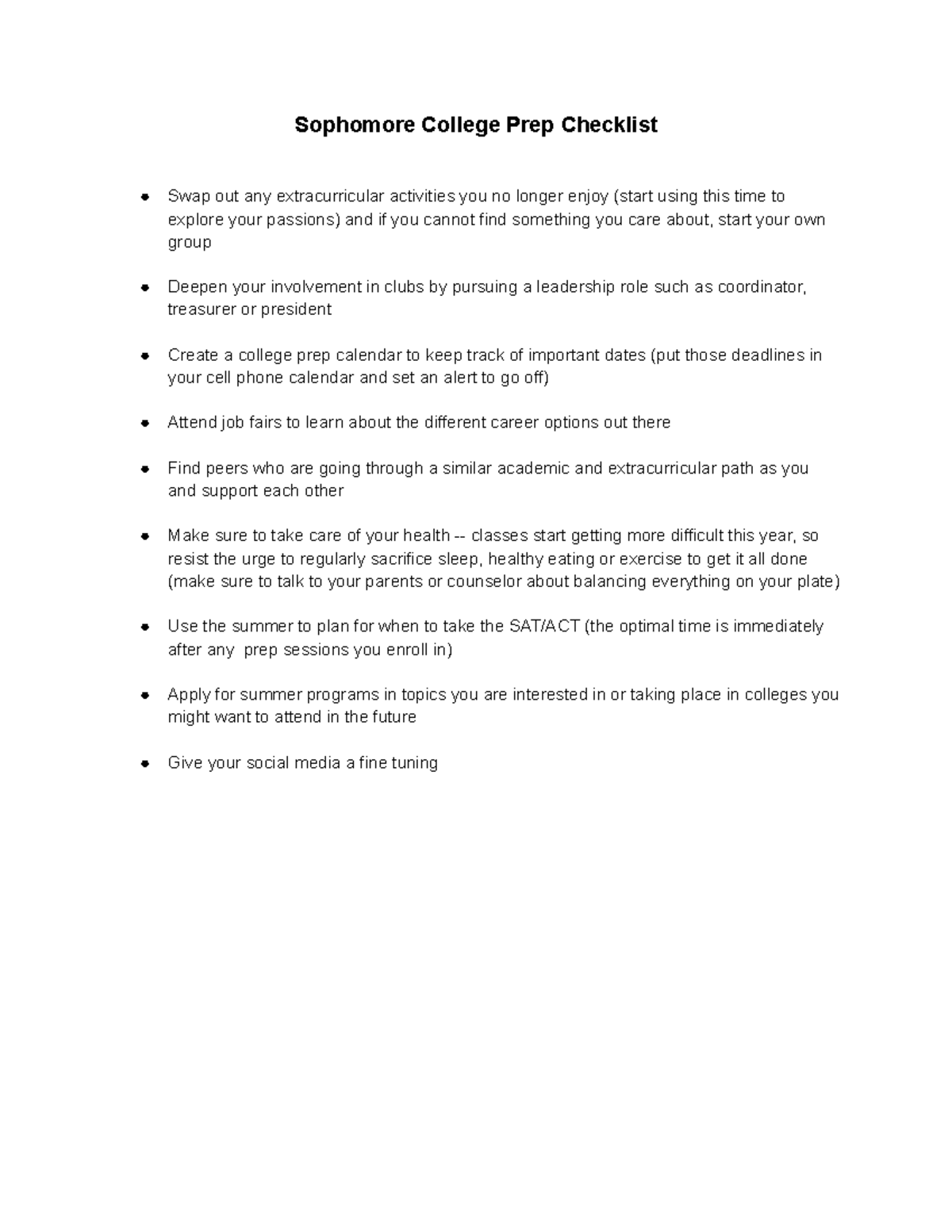 10th Grade College Prep Checklist - Sophomore College Prep Checklist ...