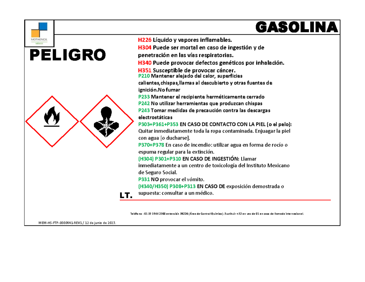 Etiqueta de Seguridad de Gasolina H226 - Peligros y Precauciones - Studocu