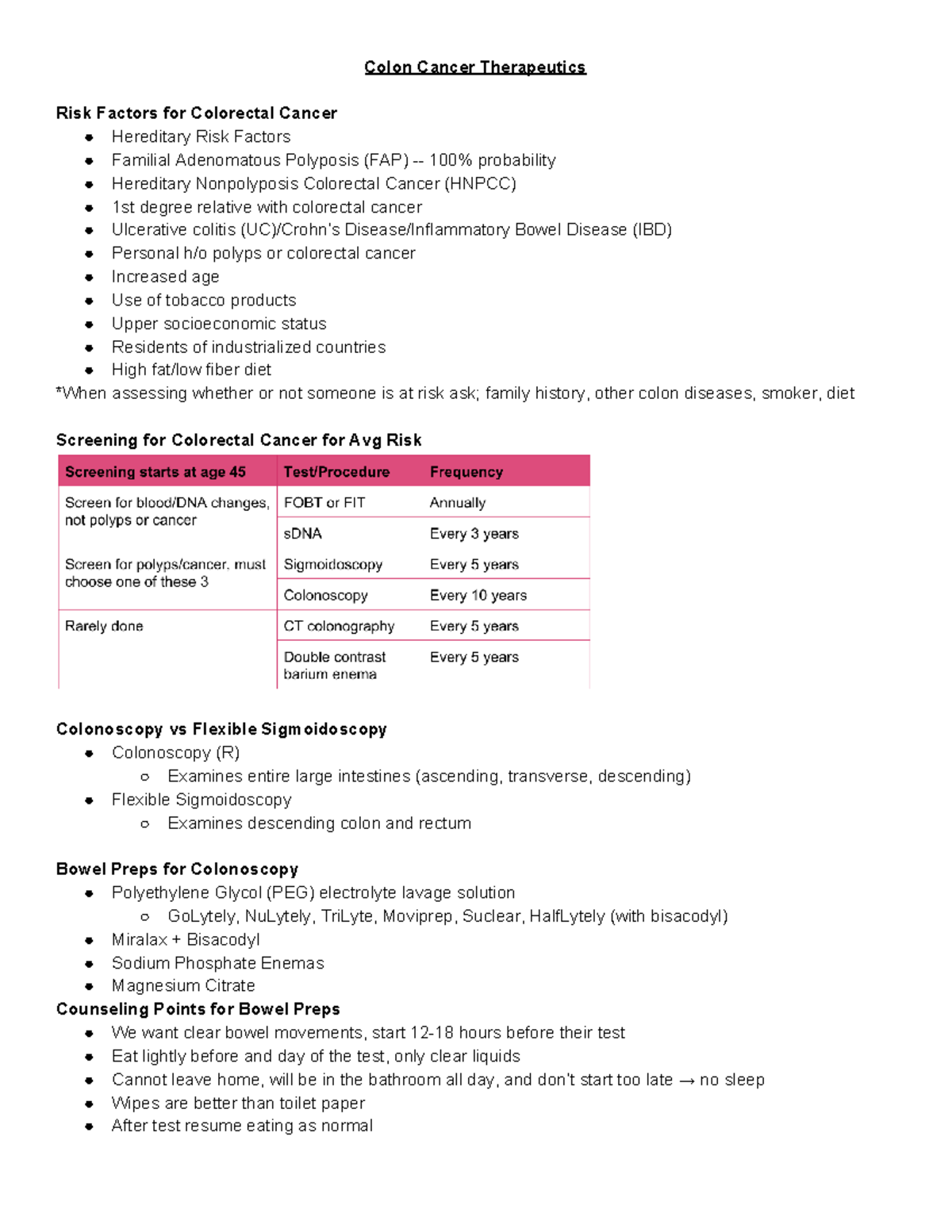 Oncology Final Exam Notes - Colon Cancer Therapeutics Risk Factors for ...