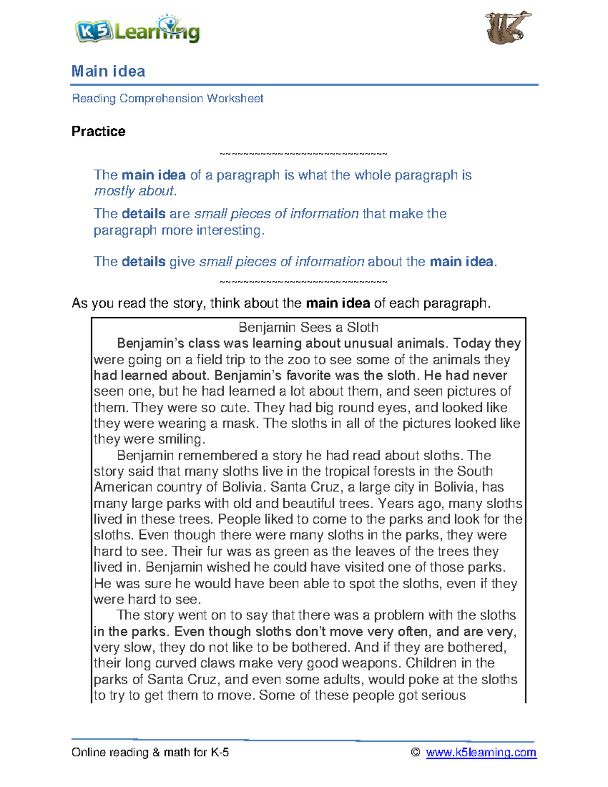 Grade 4 Reading Comprehension: Main Idea Practice Worksheet - Studocu