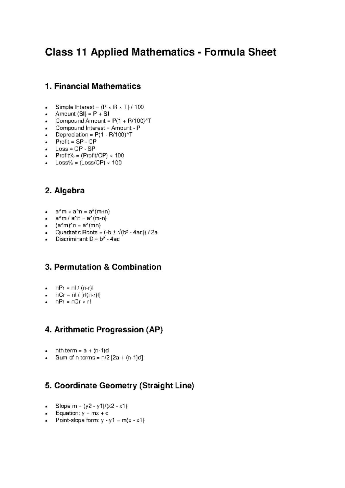 Class 11 Applied Maths Formula Sheet: Financial Math & More - Studocu