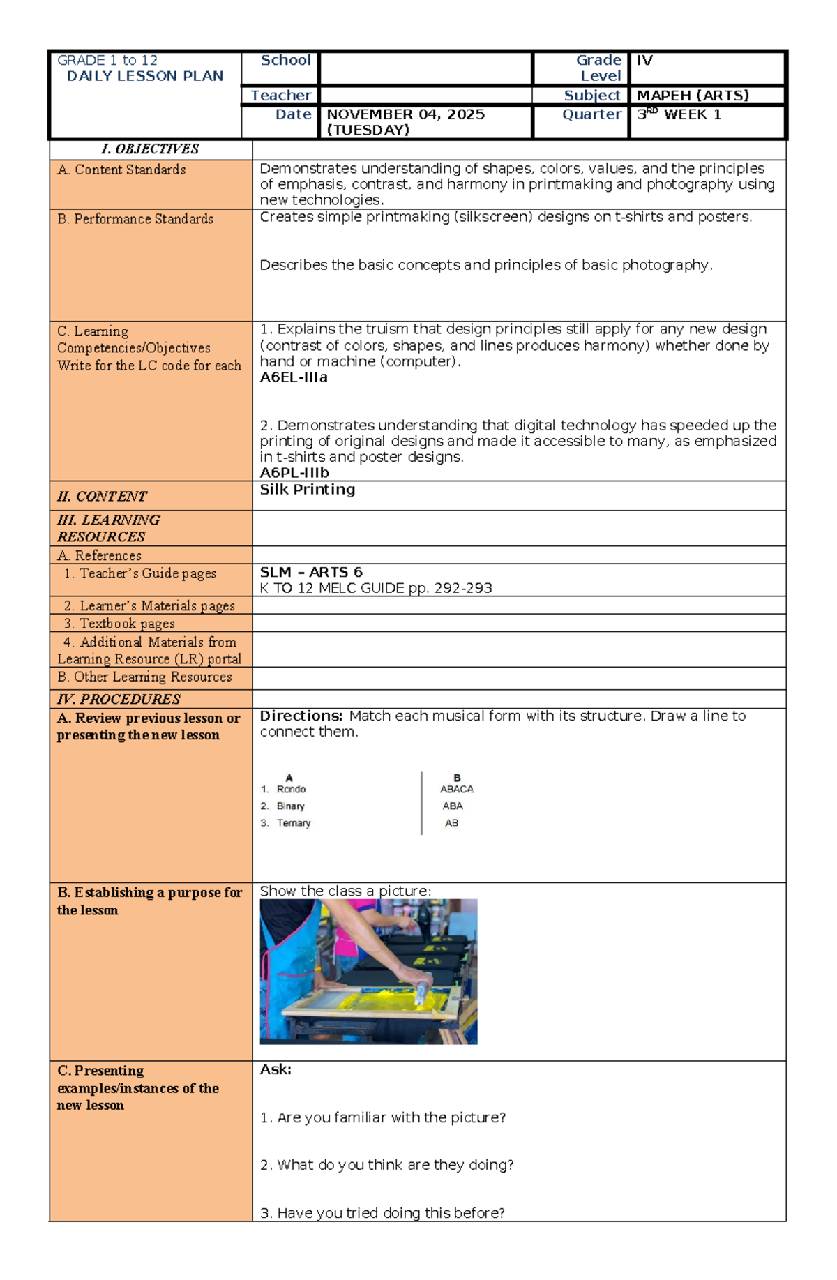 GRADE 1-12 MAPEH DAILY LESSON PLAN: PRINTMAKING & PHOTOGRAPHY - Studocu