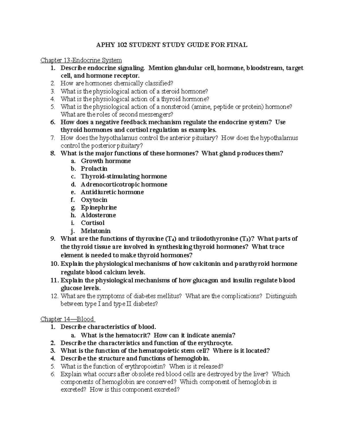 APHY 102 Final Exam Study Guide: Endocrine, Blood, and Immune Systems ...
