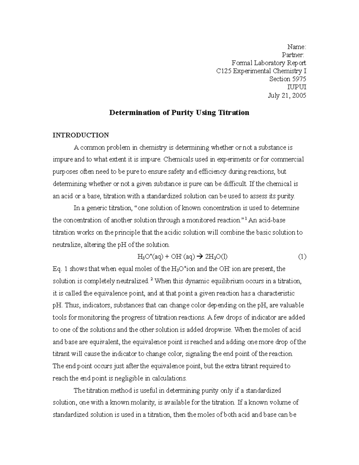 Formal Report Example - Name: Partner: Formal Laboratory Report C125 ...