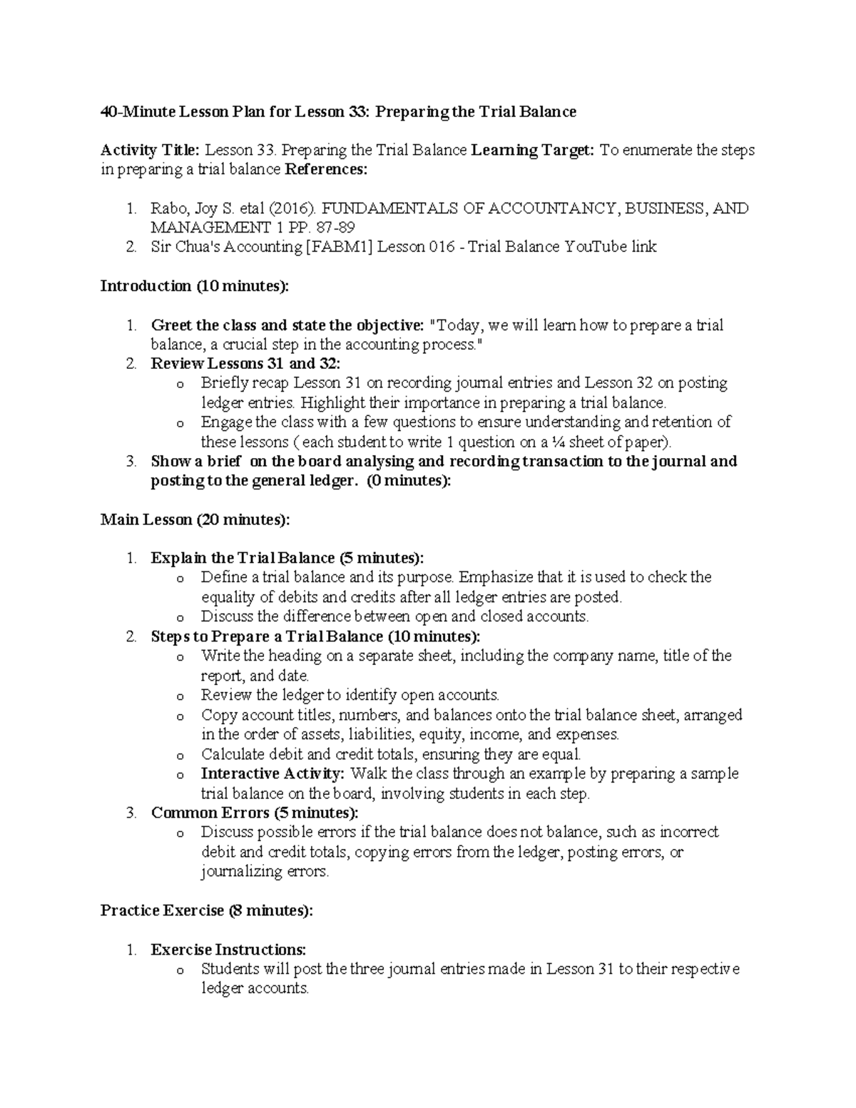 40-Minute Lesson Plan: Trial Balance Preparation (Lesson 33) - Studocu